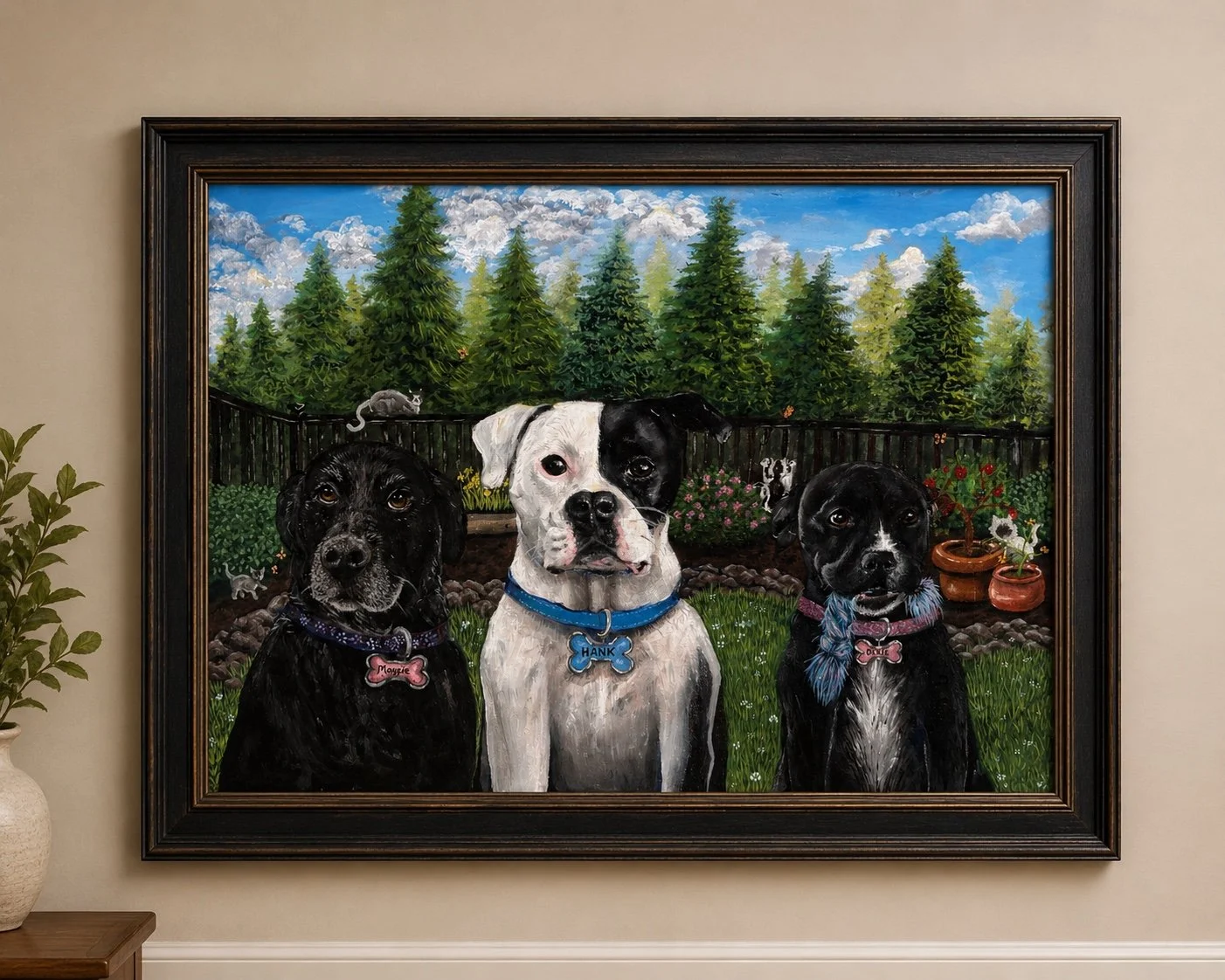 A colorful painting of three dogs sitting in a garden with a forest and blue sky background. The dogs have name tags: Moxie, Hank, and Dixie.