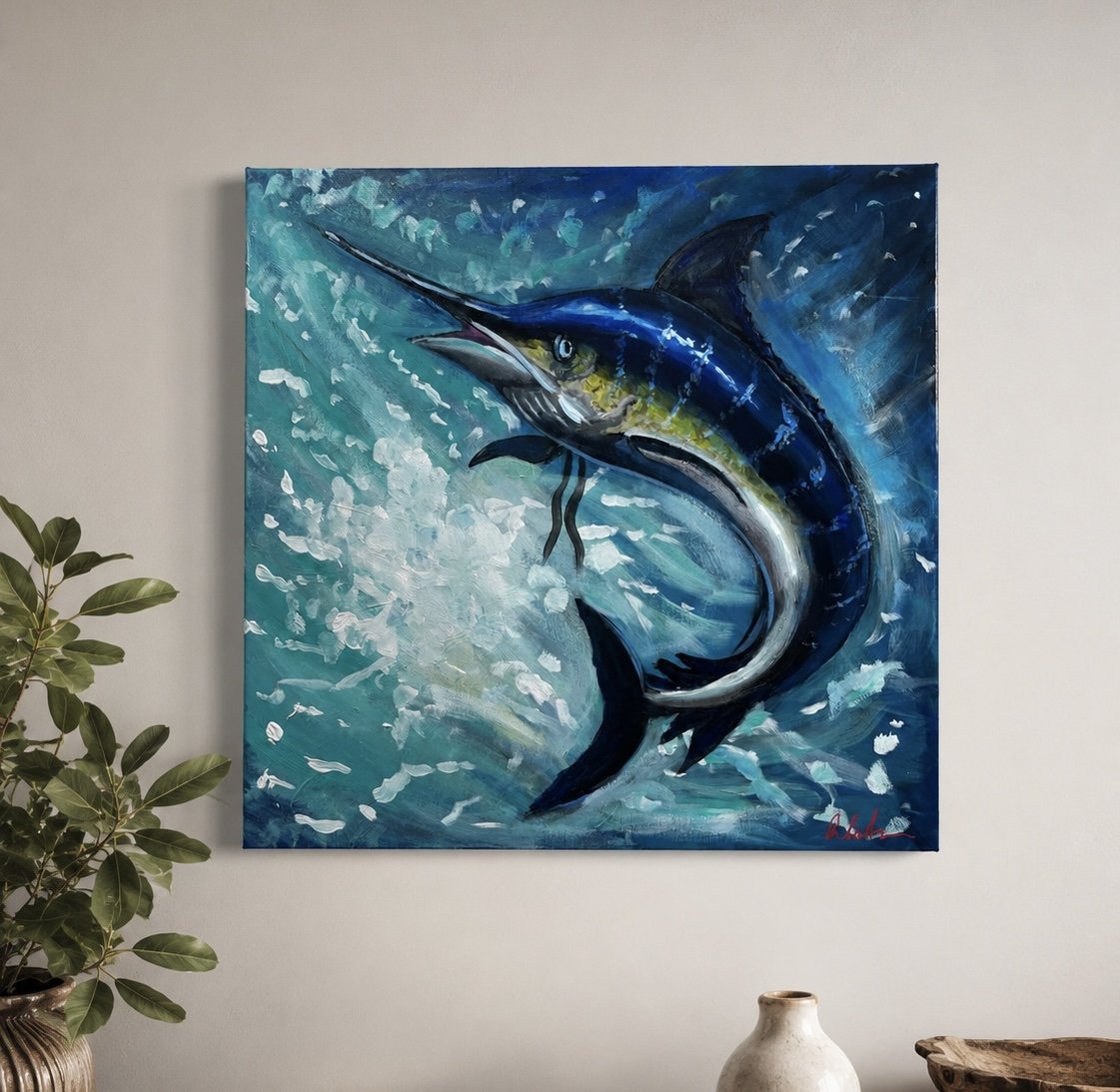 Painting of a marlin fish jumping out of the water with a blue and green background.