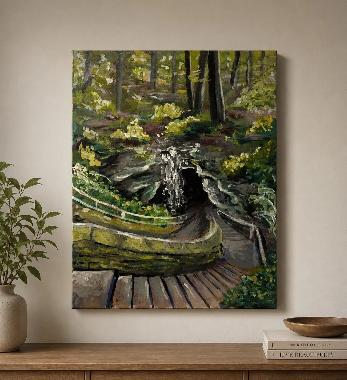 Painting of a forest scene with a small waterfall cascading into a pond, surrounded by green foliage and trees.