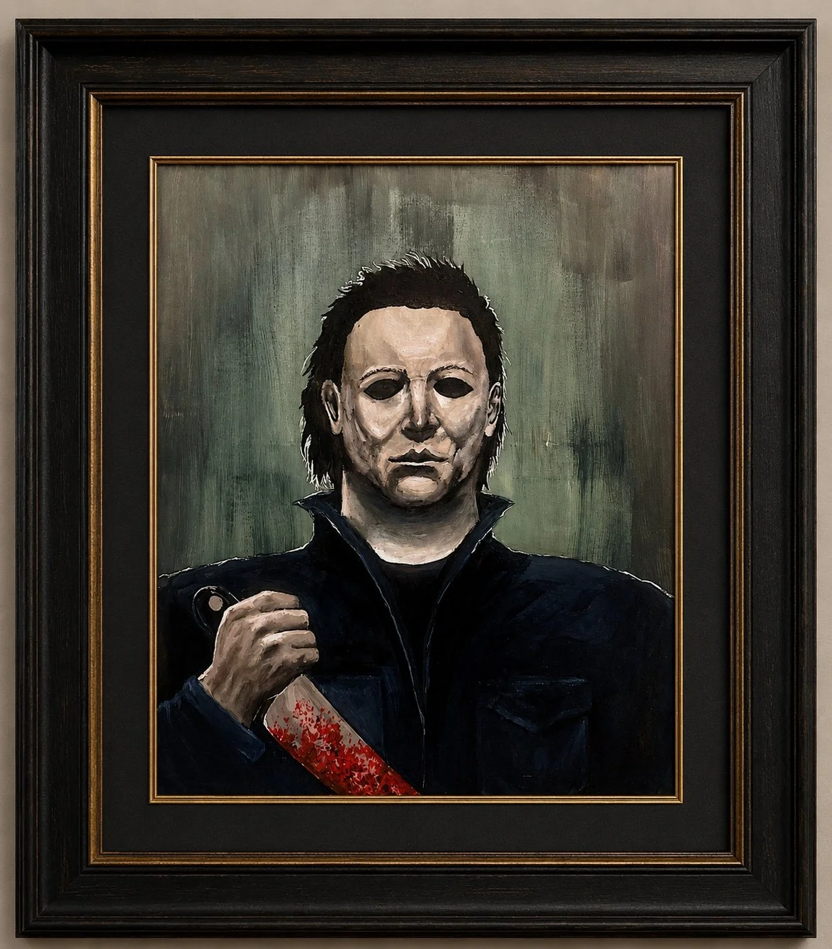 Painting of a person with a black jacket holding a bloody knife, wearing a white mask with hollow eye holes, dark background.