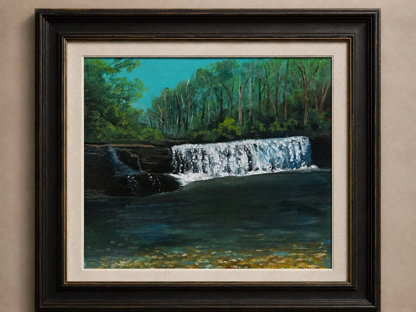 Painting of a waterfall in a forest with green trees and a bright blue sky.