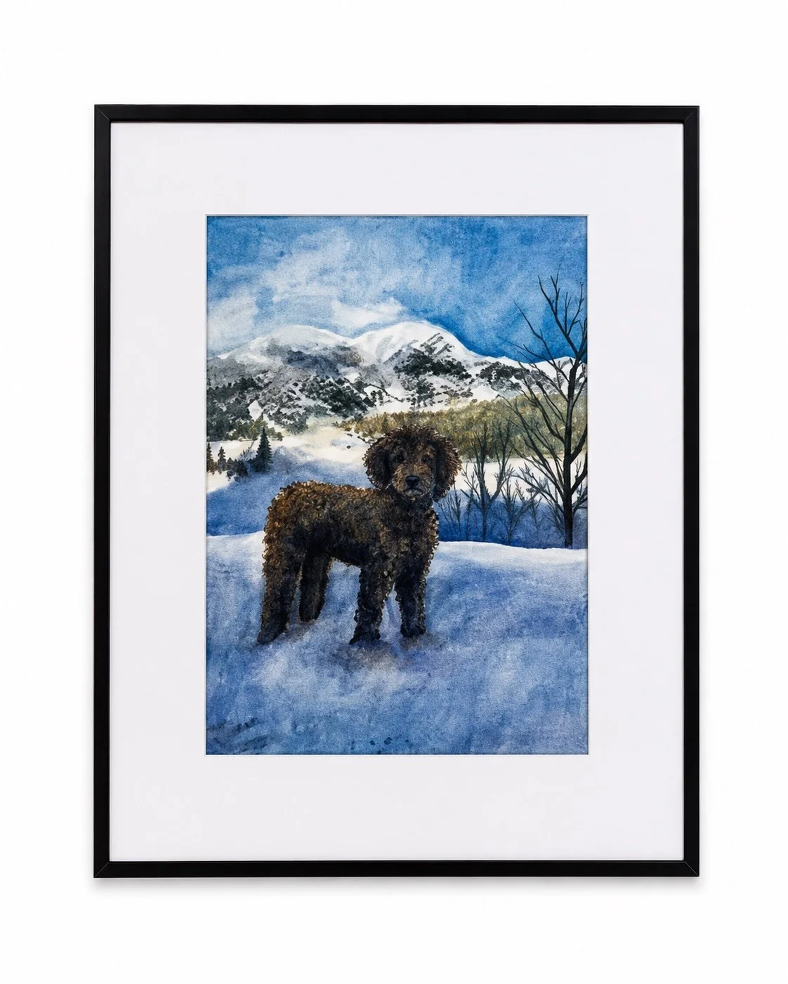 Watercolor painting of a brown curly-haired dog standing in a snowy landscape with mountains, trees, and a blue sky in the background.