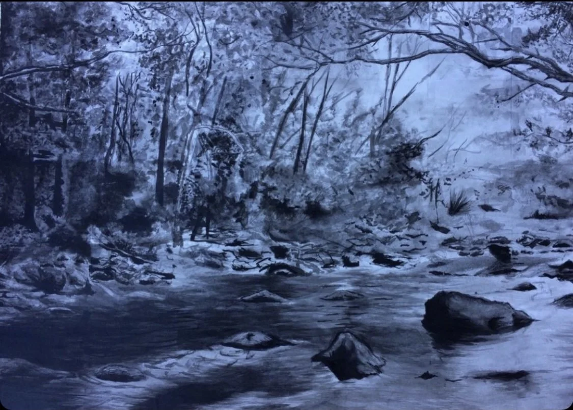 A painting of a river flowing through a forested area with trees and rocks, in shades of blue and gray.
