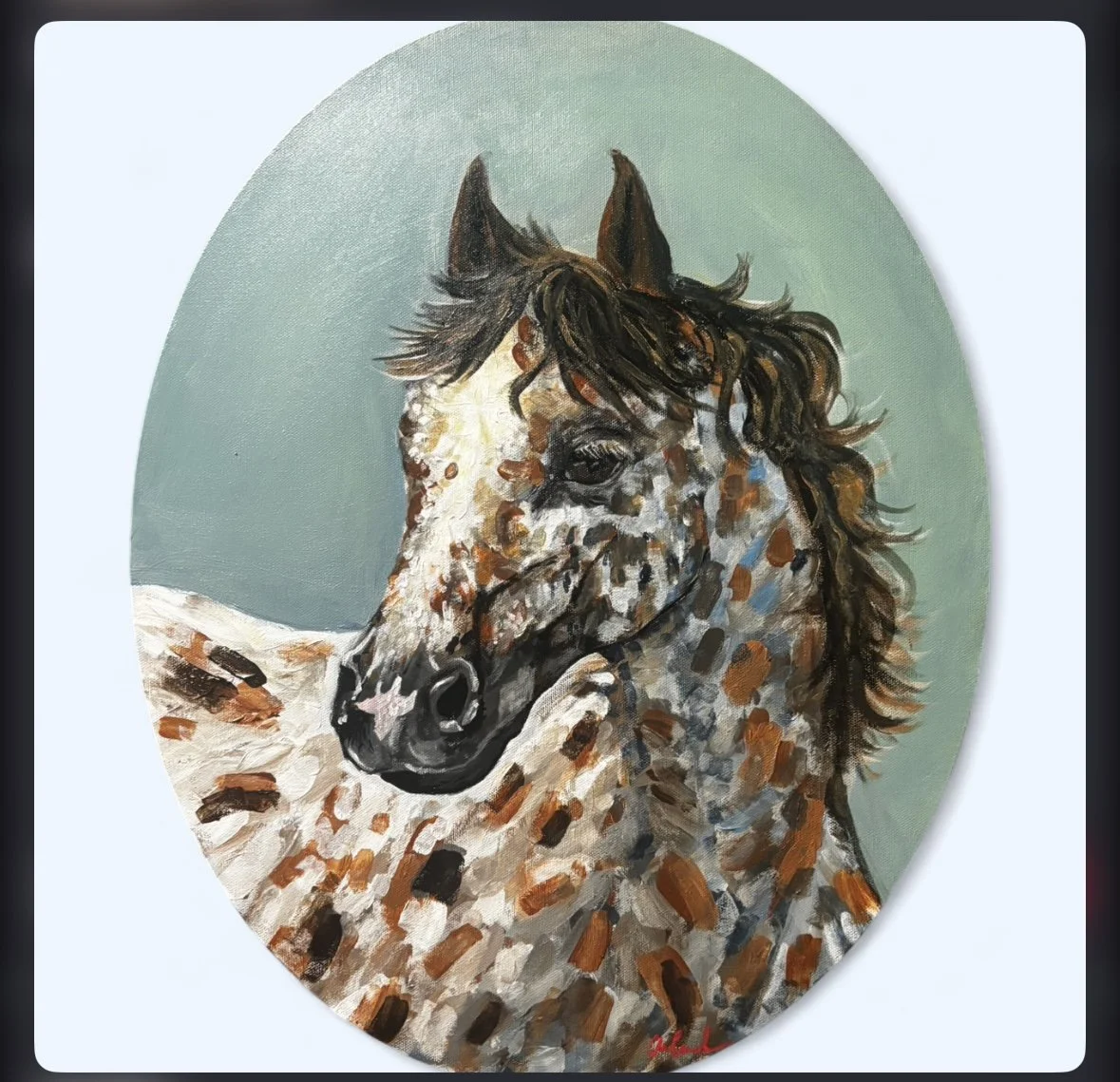 Painting of a leopard-spotted horse with a dark mane, set against a green background.
