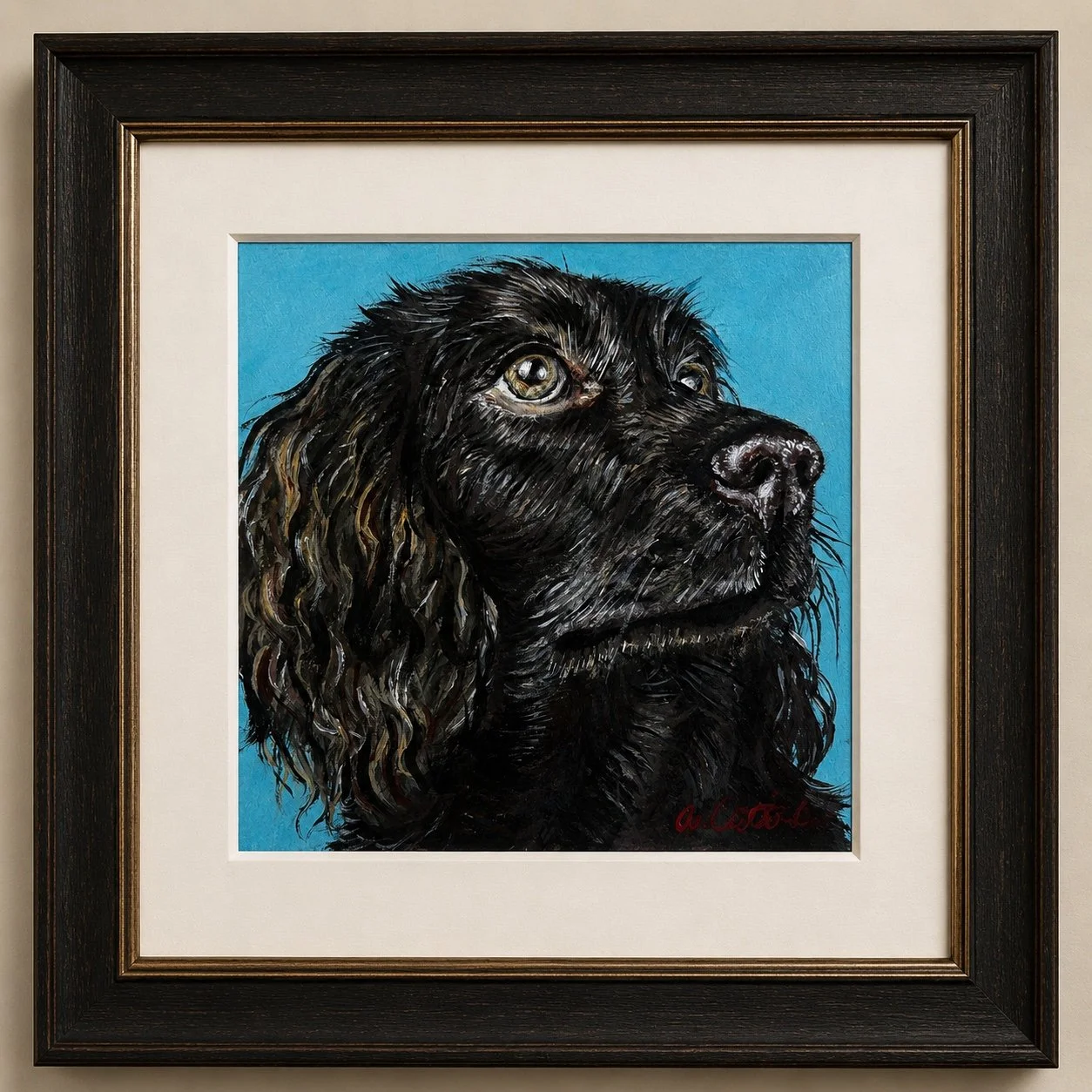 Painted portrait of a black dog with long, wavy fur against a blue background, framed in a black and gold frame.