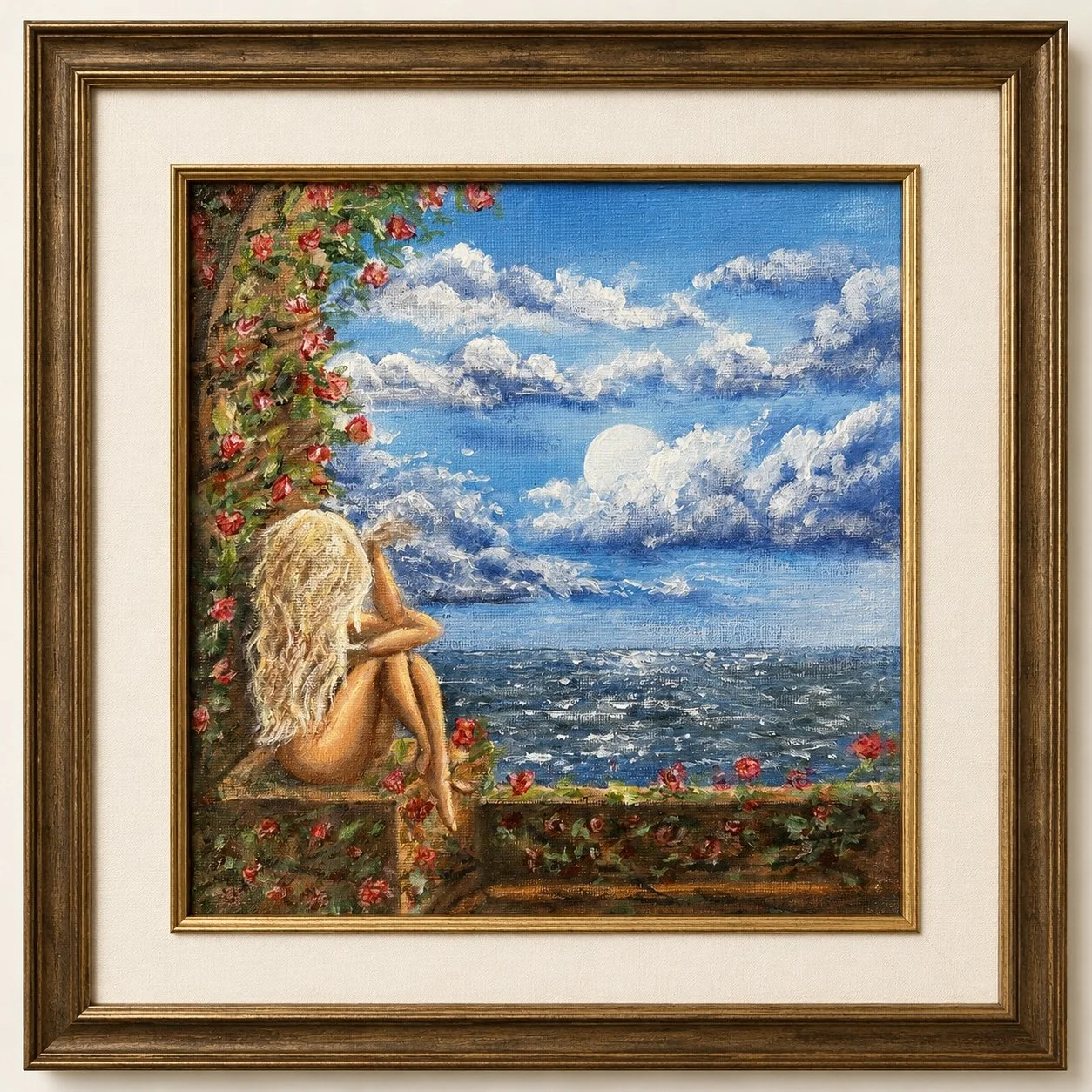 A woman with long, blonde hair sitting on a ledge, looking at a moonlit ocean scene with an overcast sky and blooming pink roses on a vine on the left side.