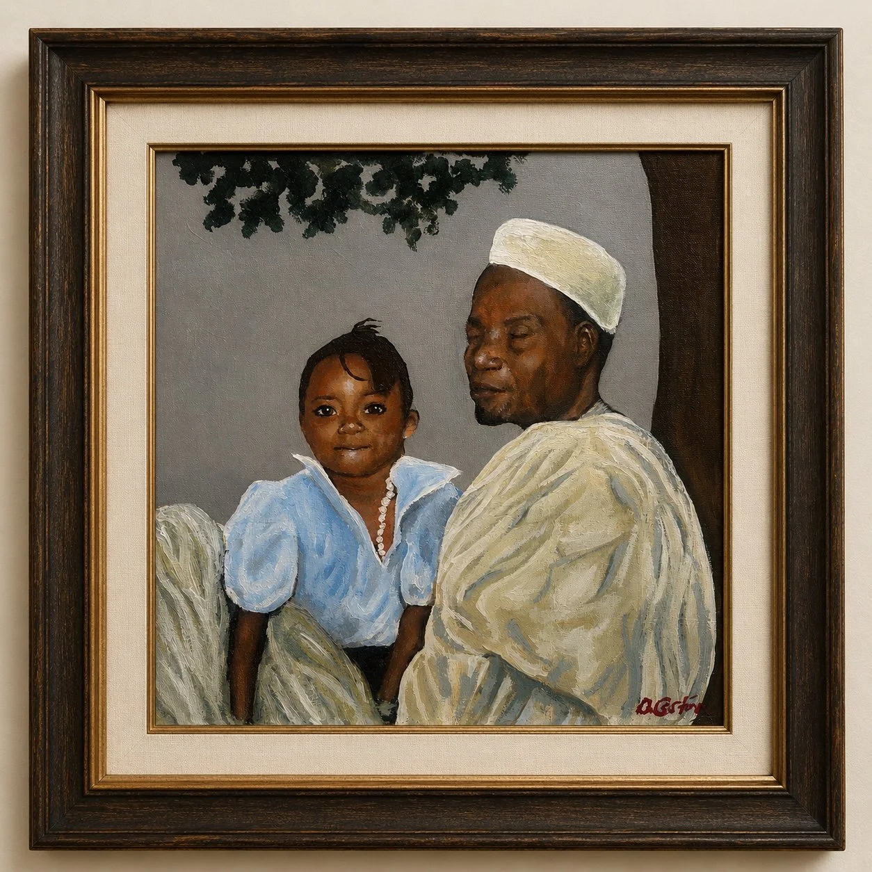 Painting of a man and a young girl, both dressed in traditional clothing, with the man wearing a white hat and the girl wearing a pearl necklace. They are seated under a tree with green leaves.