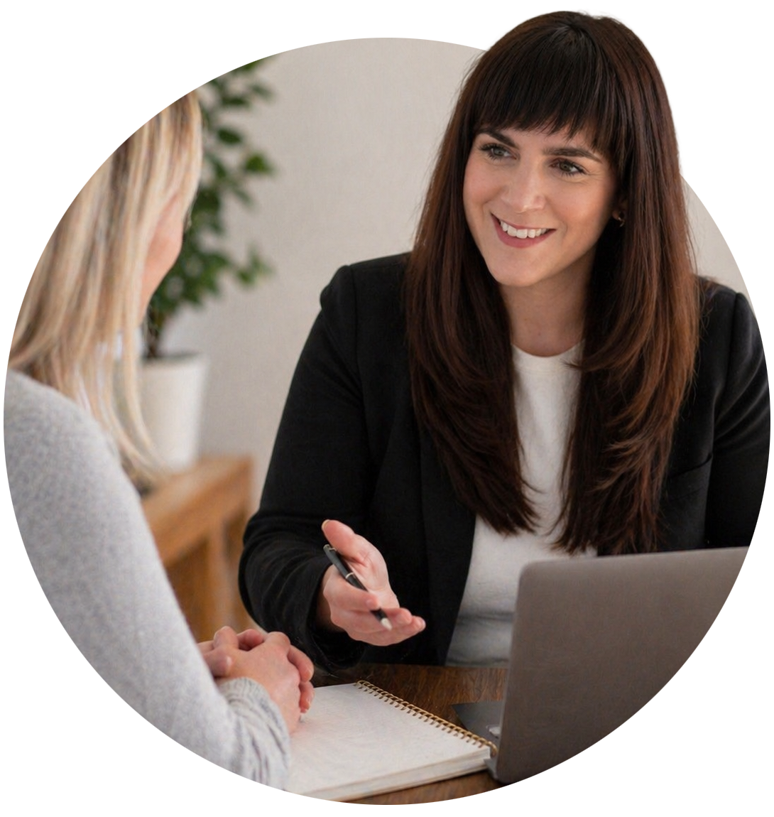 A woman with long brown hair, wearing a black blazer, smiling and talking to another woman with blonde hair, sitting at a desk with a laptop, notebook, and pen.