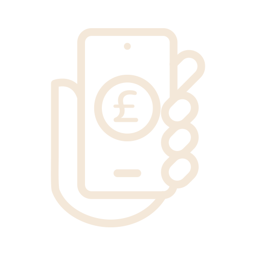 Outline illustration of a hand holding a smartphone with a pound currency symbol on the screen.