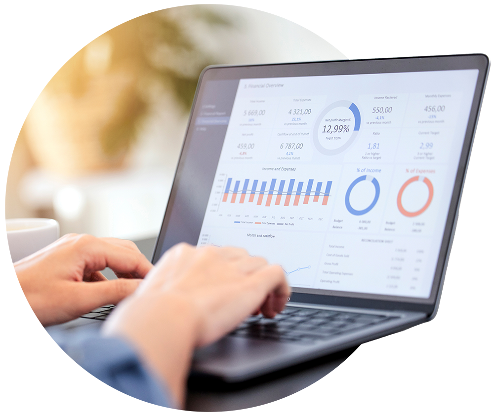 Person analyzing financial data on a laptop screen with charts and graphs.