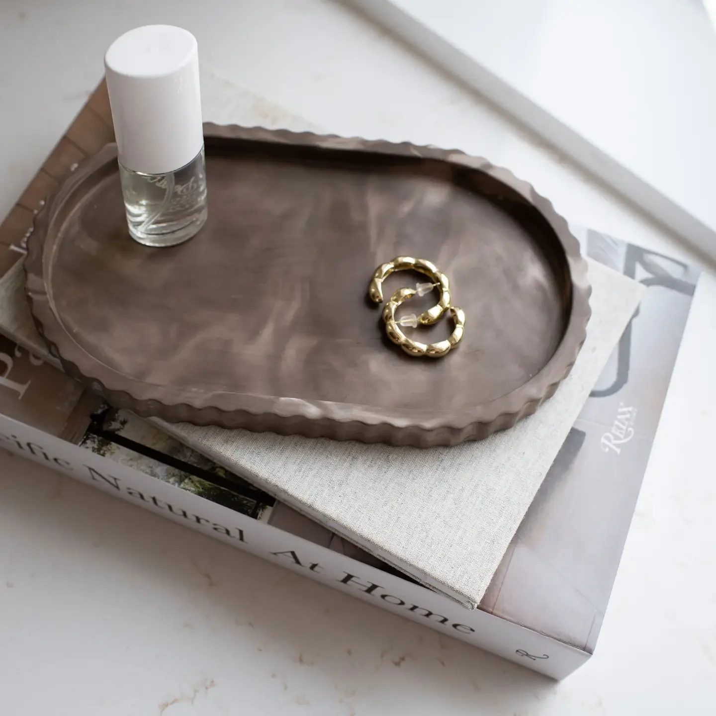 Fluted Stoneware Oval Tray-Mocha Stone
