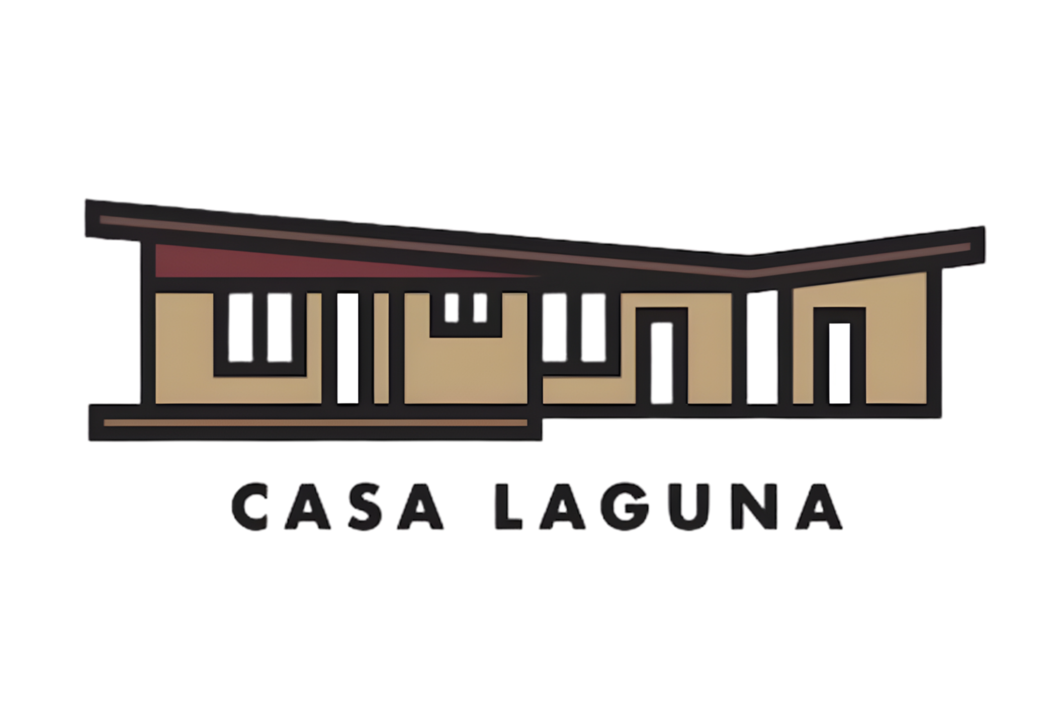 Modern architectural logo for Casa Laguna featuring stylized house silhouette with beige walls, black window and door outlines, and a sloped roof, with the text 'Casa Laguna' below.