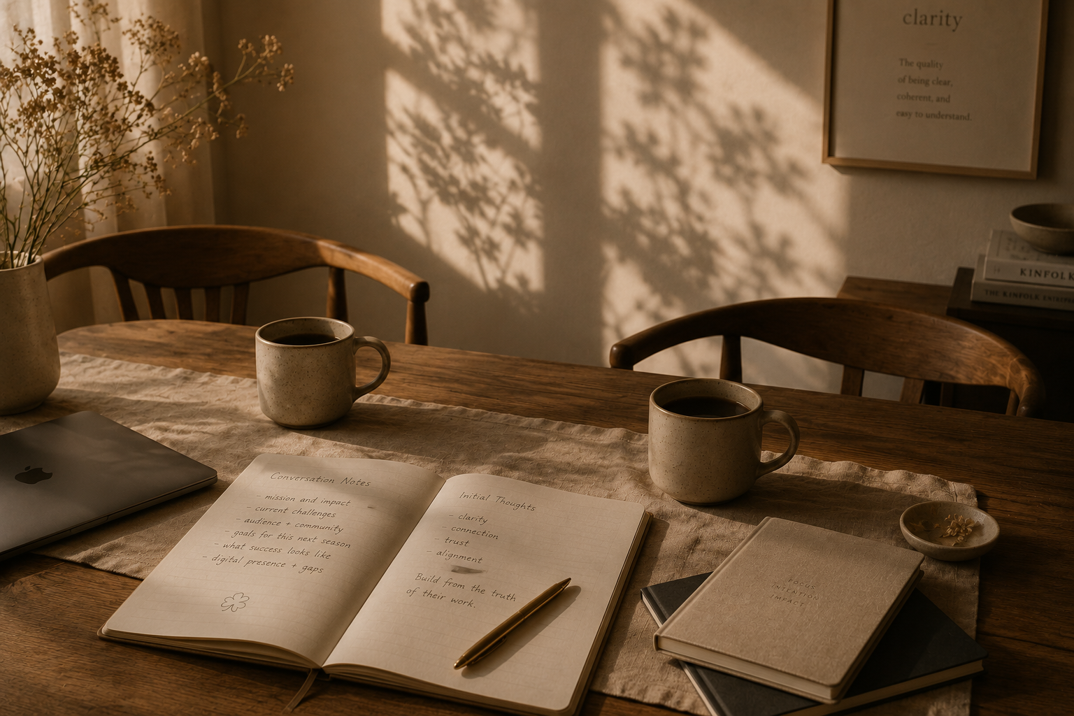 A wooden table set for working or studying with two cups of coffee, an open notebook with handwritten notes, a closed beige notebook, a laptop, a small dish with a flower, and a vase with dried flowers. Shadow patterns of leaves are cast on the wall, creating a cozy atmosphere.