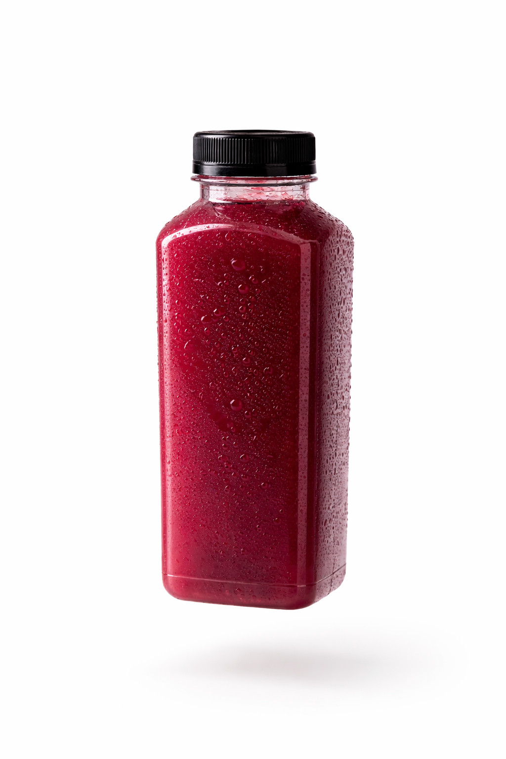 A cold bottle of natural blueberry lemonade against a white background.