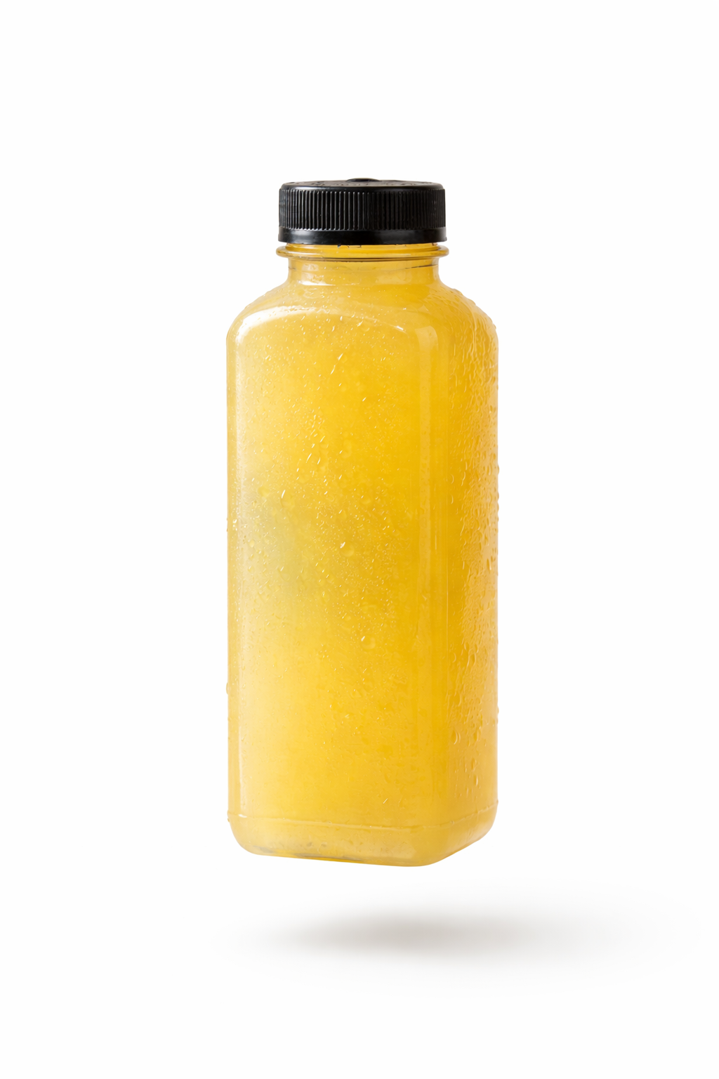 A bottle of cold natural lemonade against a white background.