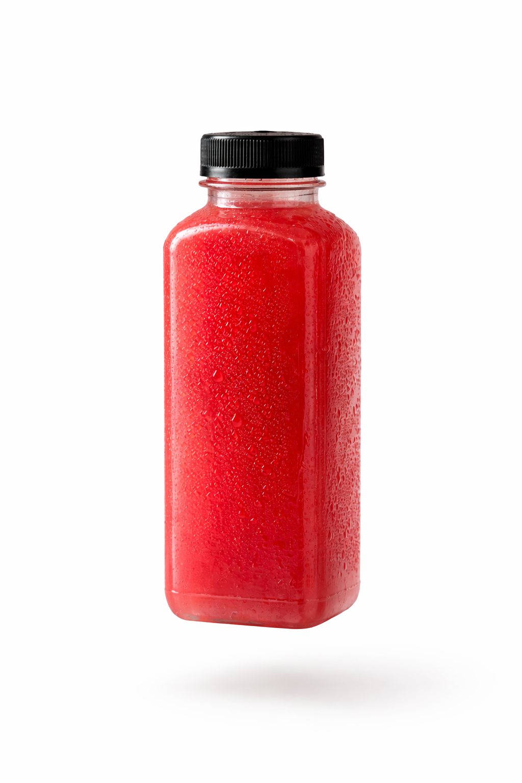 A cold bottle of natural strawberry lemonade against a white background.