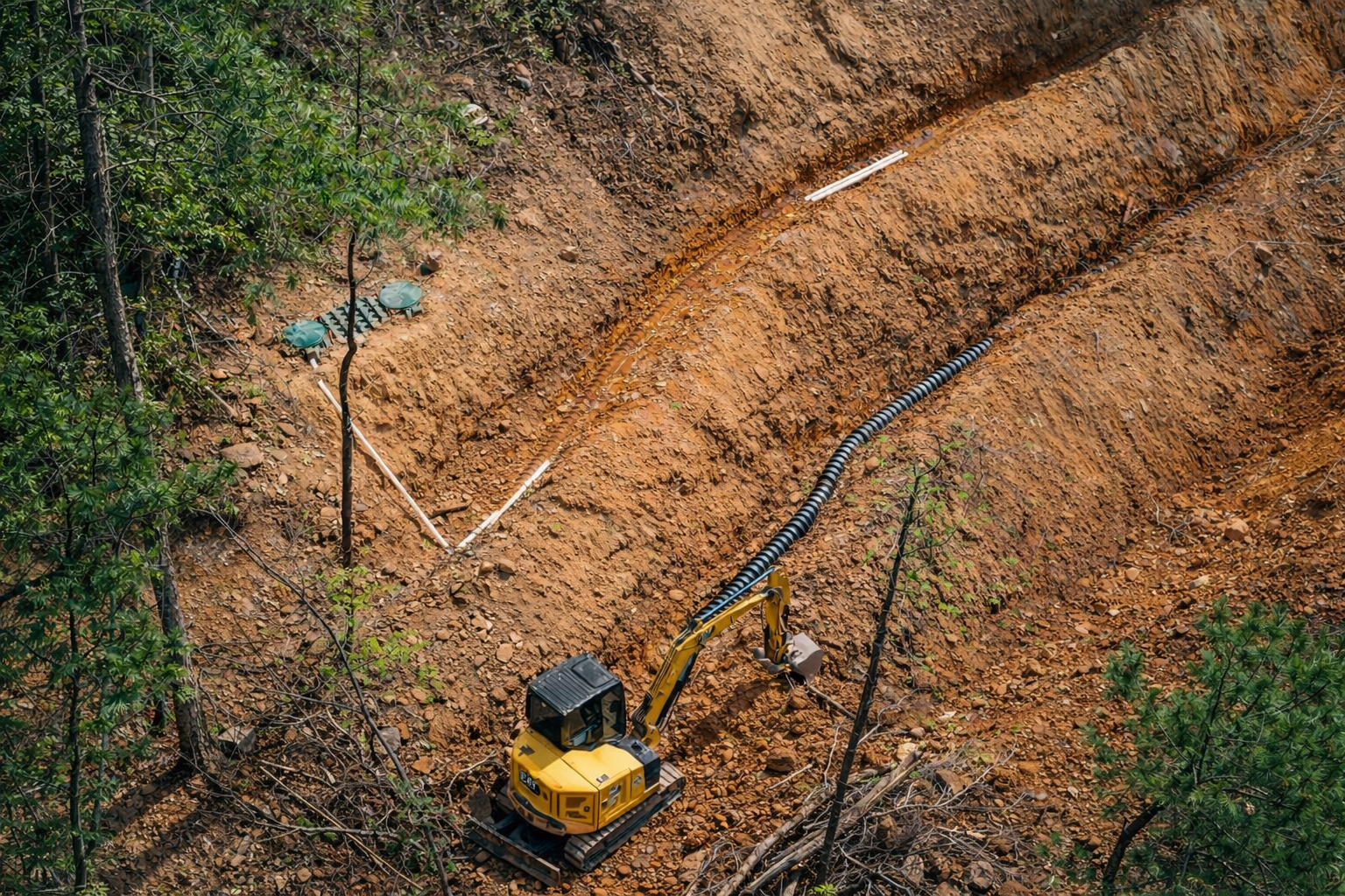Drainage line installation along slope with excavation work in Sevierville Tennessee.