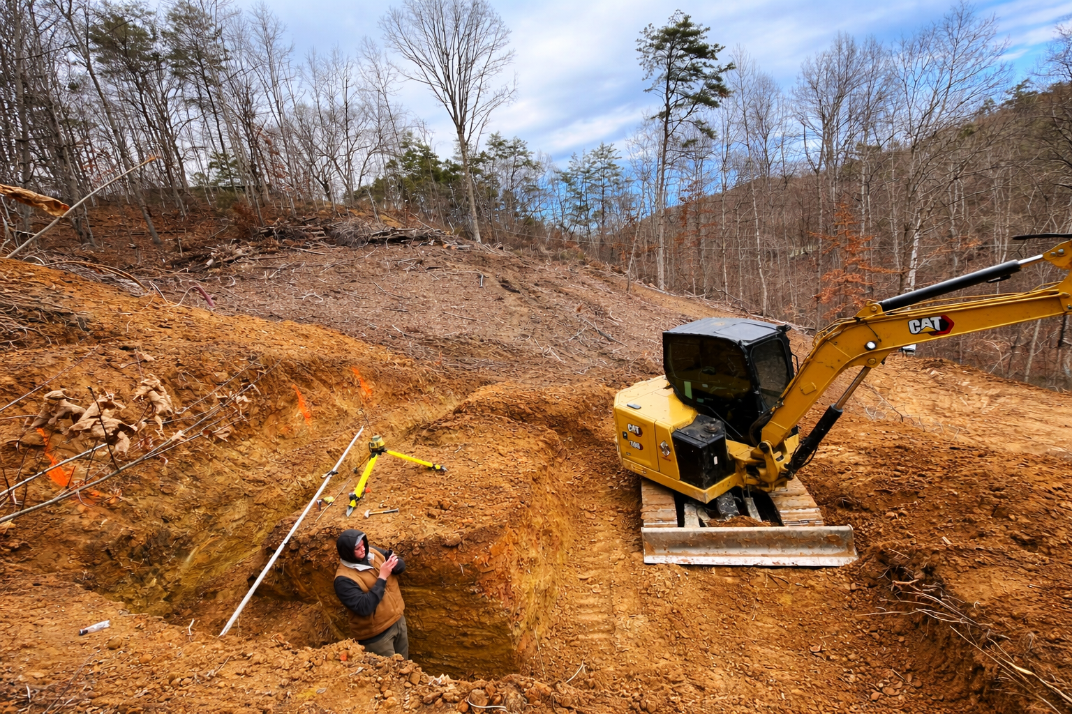 Mini excavator trenching for utilities and foundation prep in Sevierville TN.
