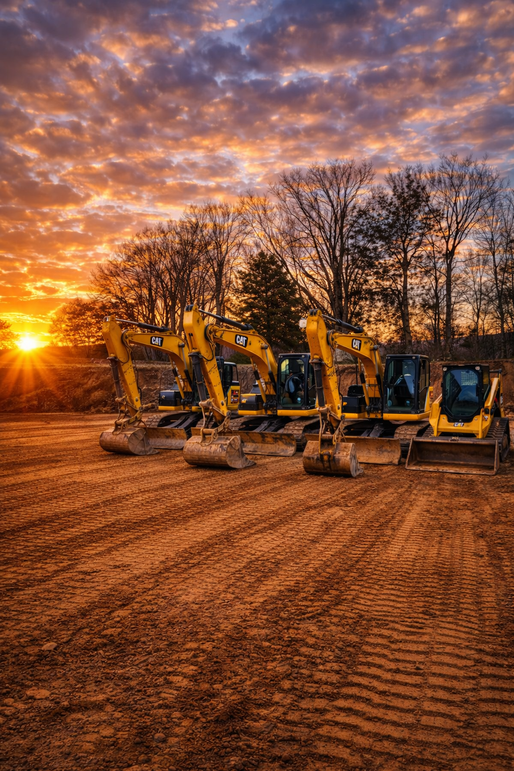 Excavators lined up on a graded construction site at sunset in East Tennessee