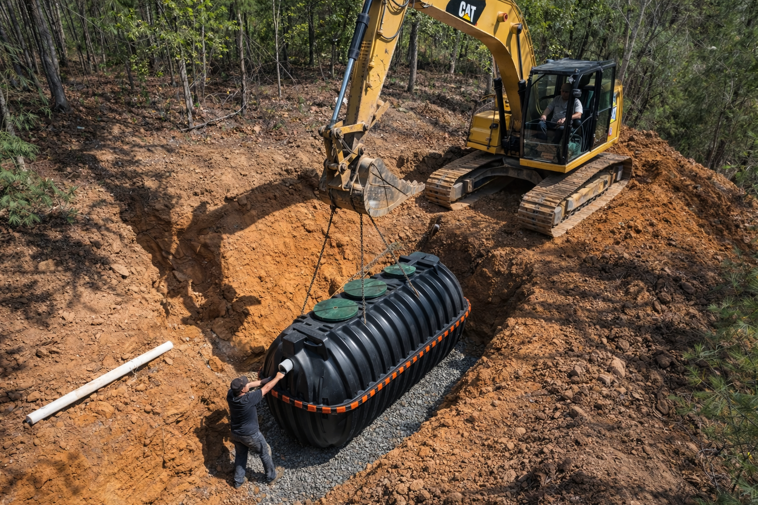 Septic tank installation with excavator placing underground utility system in Tennessee