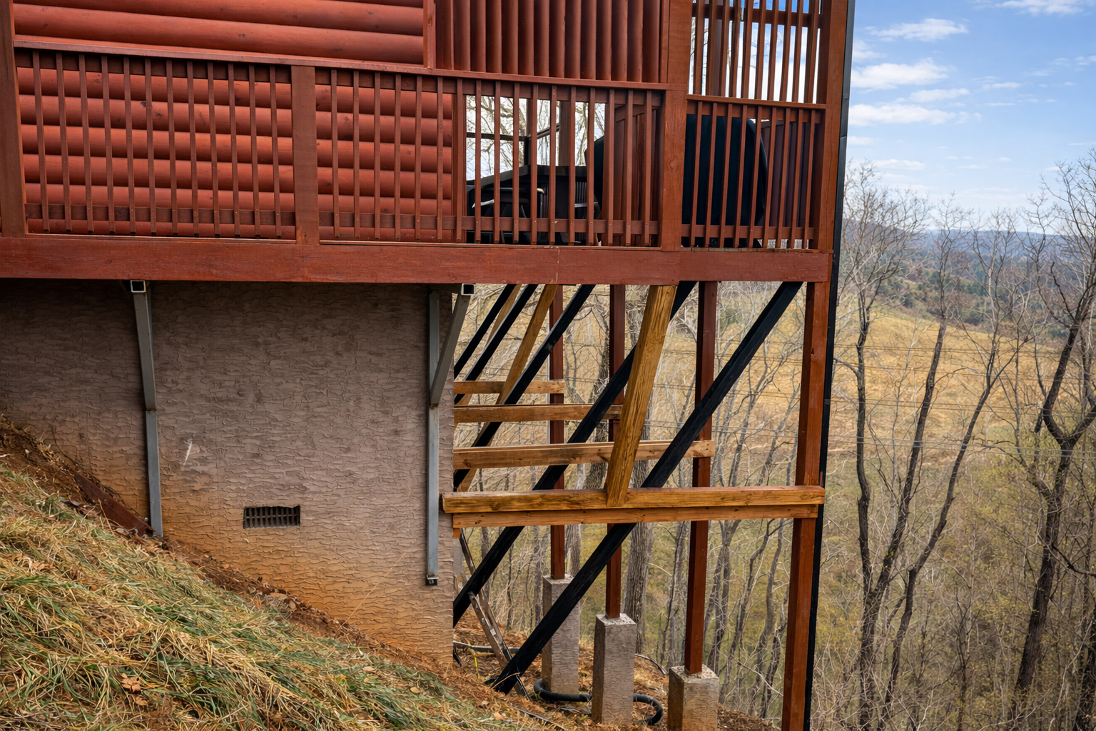 Multi-level construction with steel framing and sheathing in Smoky Mountains Tennessee.