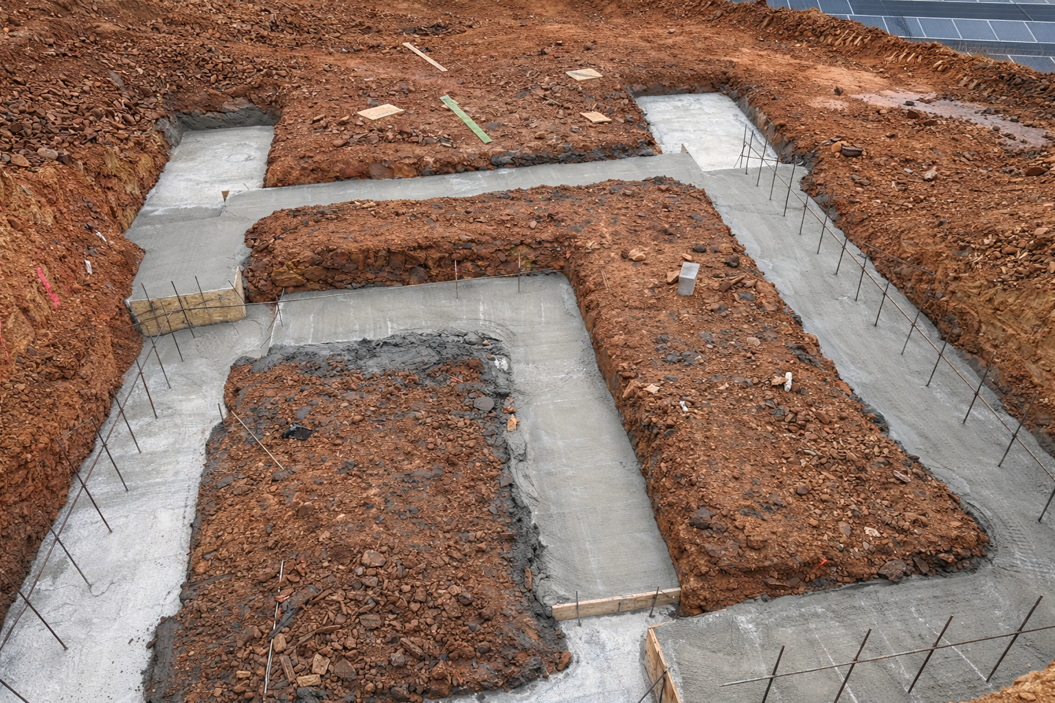 Concrete footing and foundation work with rebar and site preparation in East Tennessee construction project.