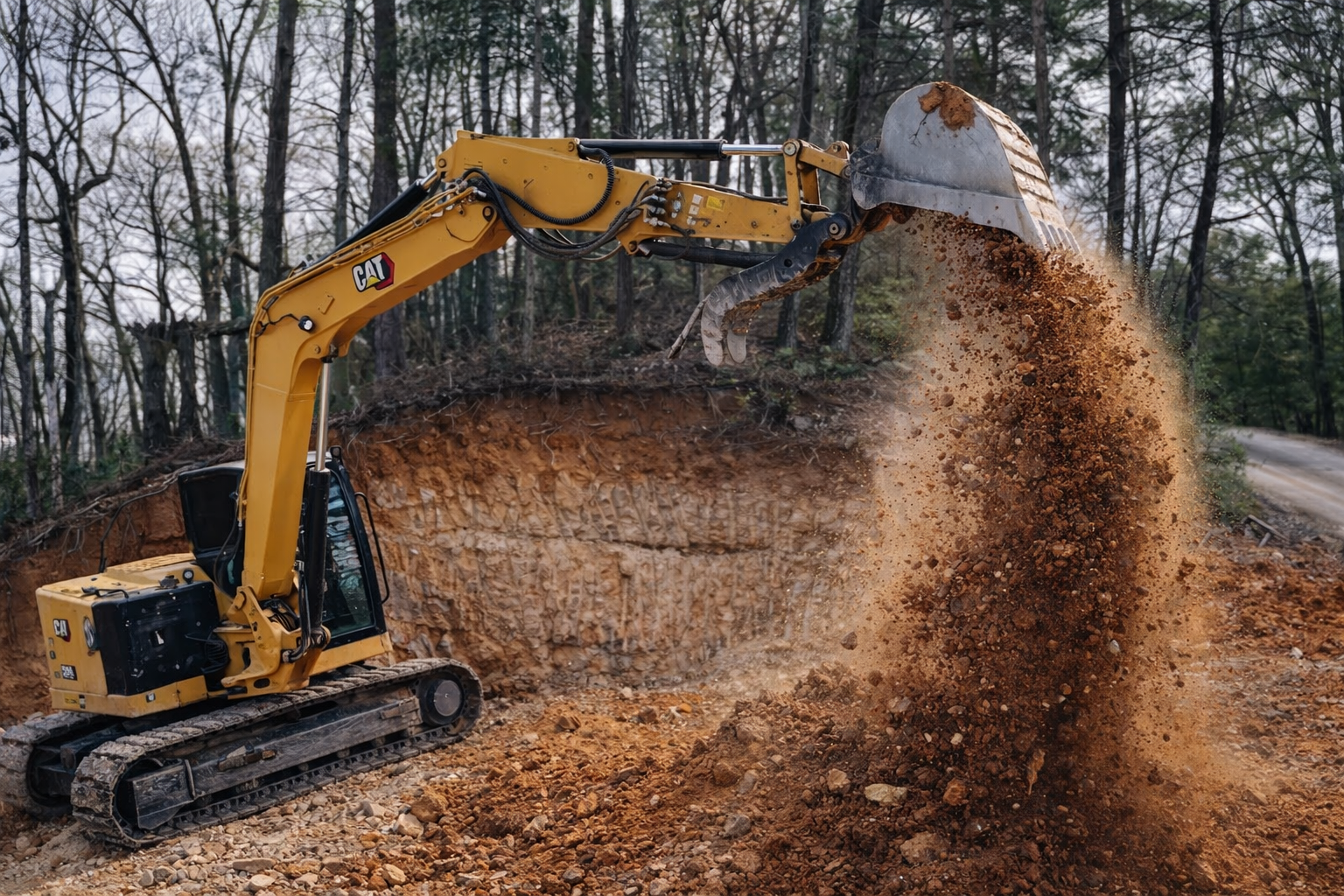 Excavator cutting through soil for site development and grading in East Tennessee.