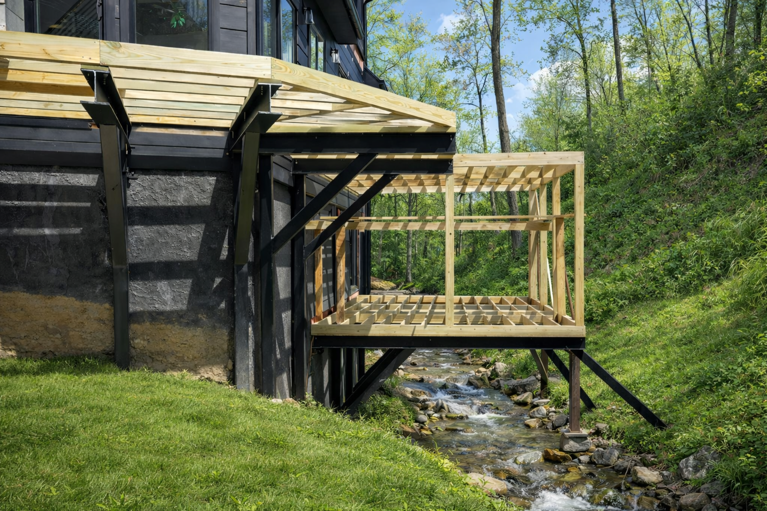 Reinforced concrete foundation with load-bearing walls and steel framing under construction in East Tennessee