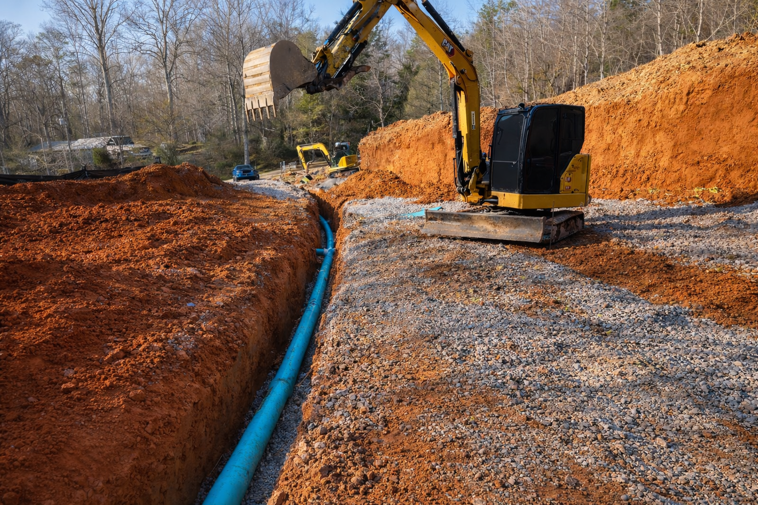 Water line installation with trenching and excavator in Sevierville TN utility project.