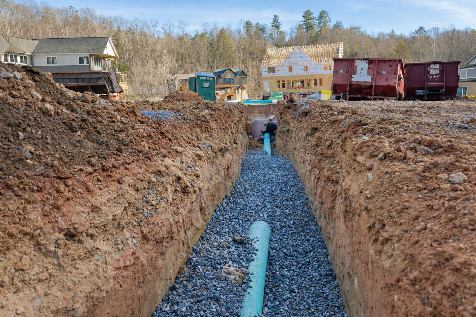 Utility trenching and site development with underground piping at an investment property in East Tennessee.