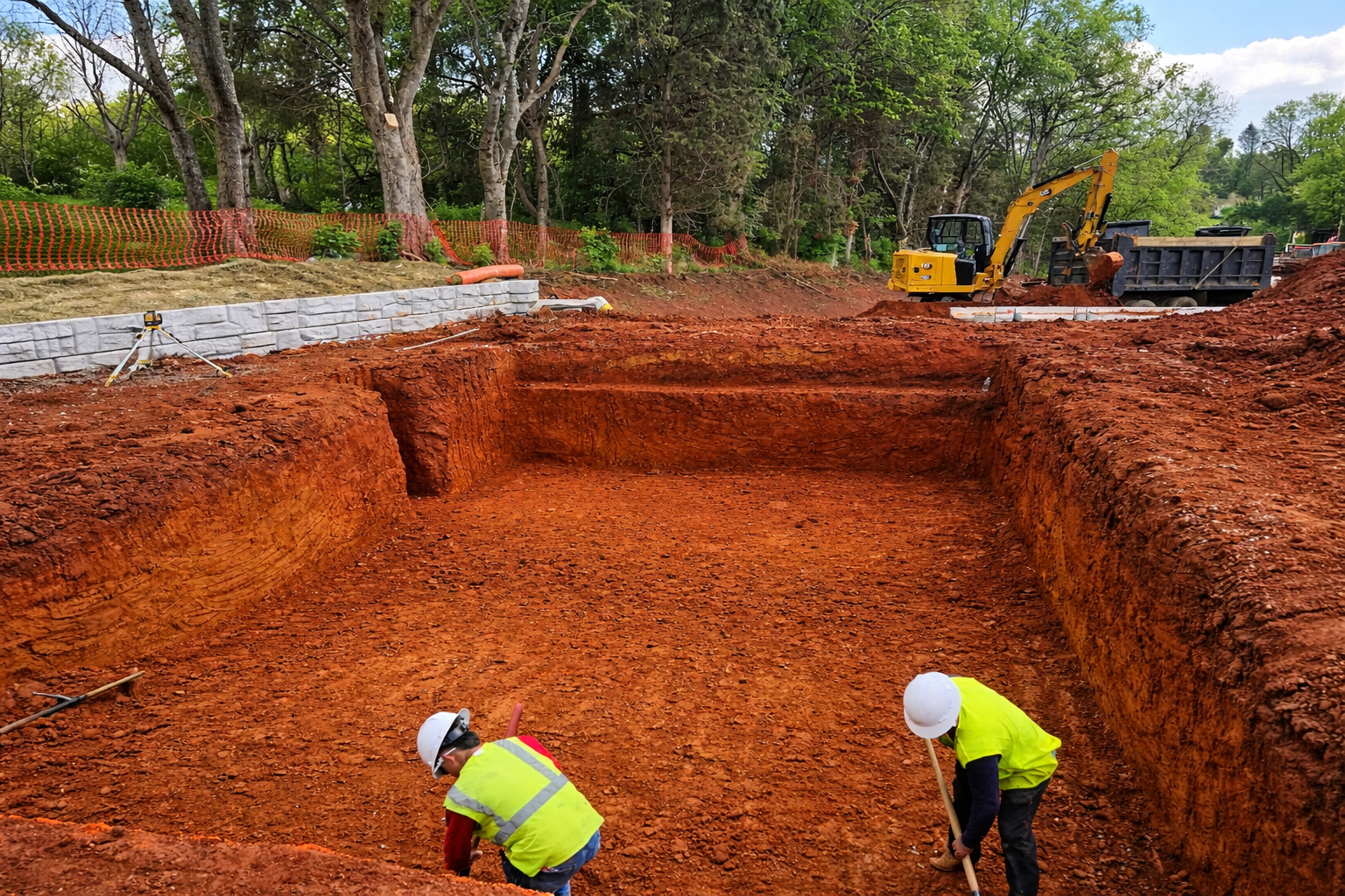 Foundation excavation and footing prep with crew at East Tennessee construction site.