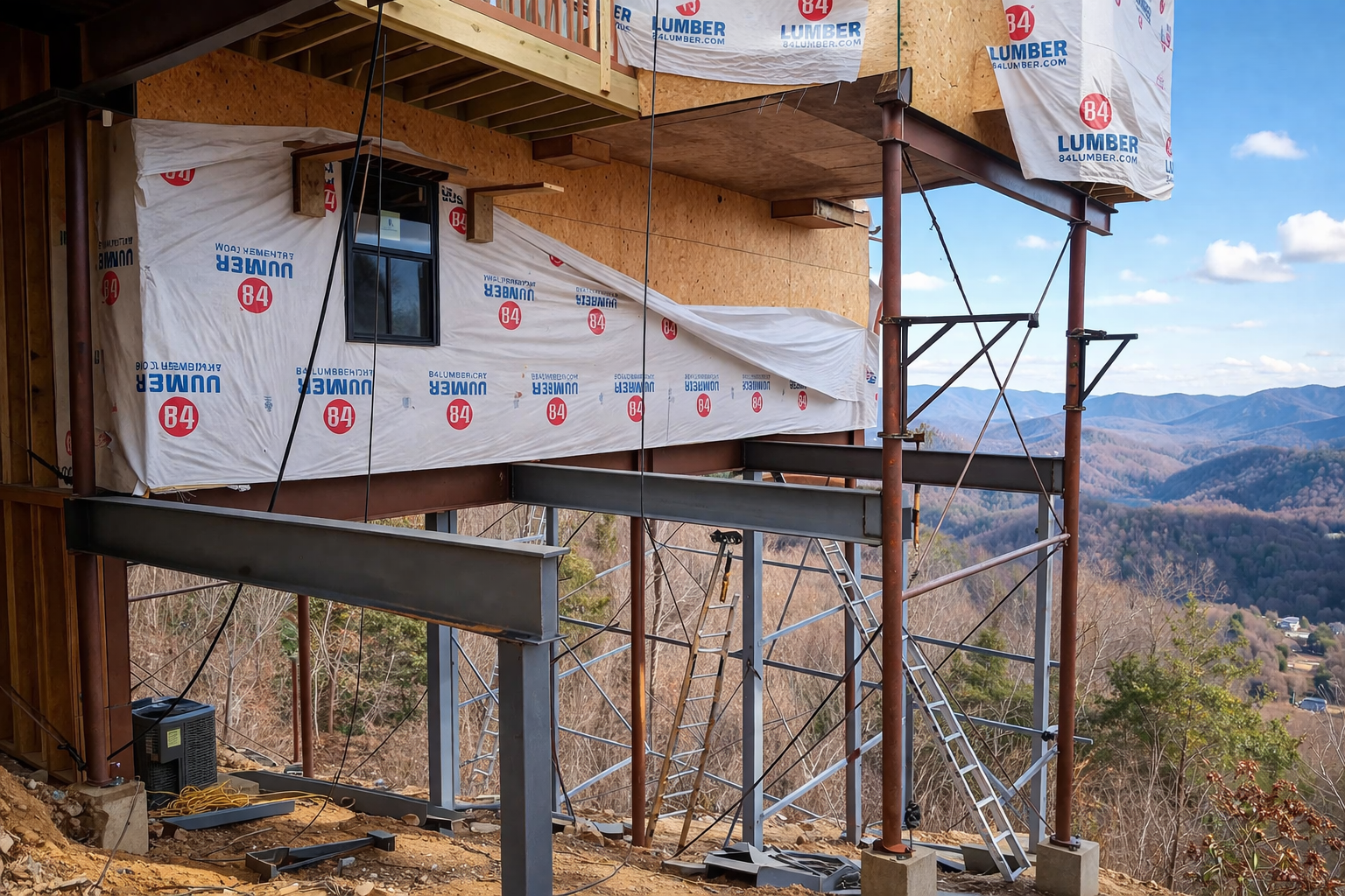 Structural steel beam support system for residential construction in Sevierville TN.