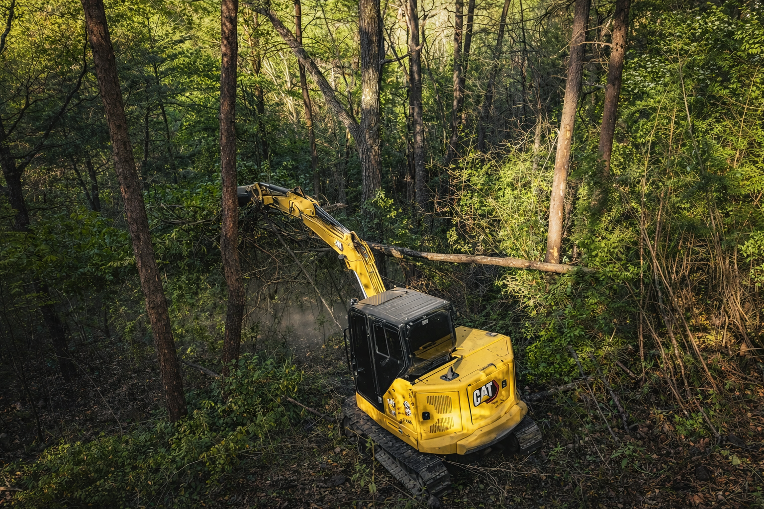 Excavator clearing trees and preparing land for construction in East Tennessee