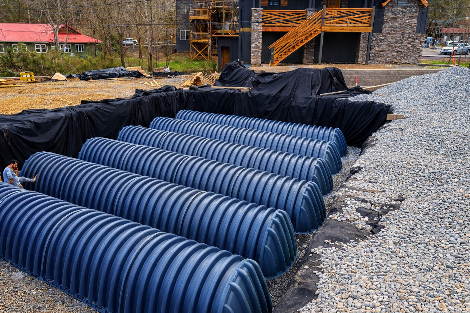Corrugated pipe installation for storm drainage system in Gatlinburg Tennessee construction project.