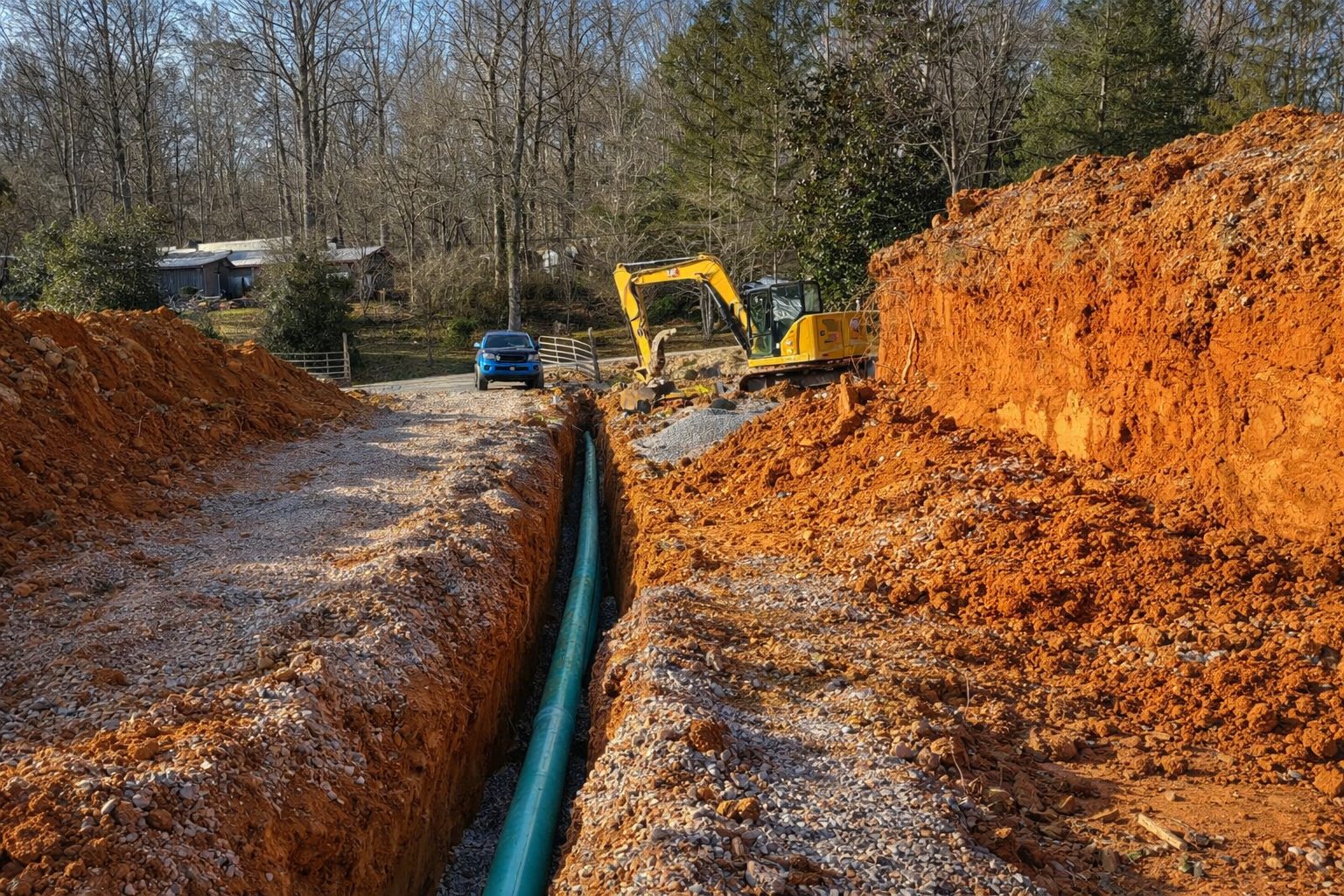 Long utility trench with water line installation and excavation work in Gatlinburg Tennessee.