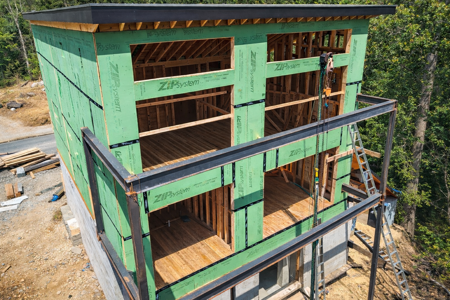 Steel framing and deck construction overlooking mountain view in East Tennessee.