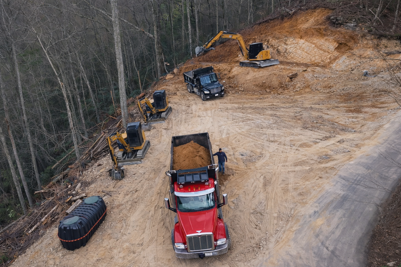 Aerial view of large excavation and site development project in East Tennessee.