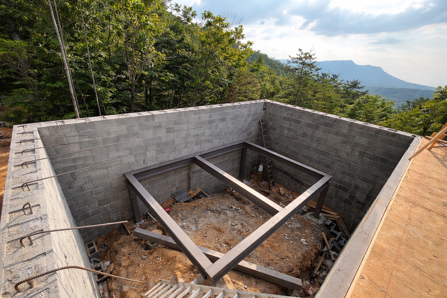 Foundation with steel support beams at a construction site in the Smoky Mountains.