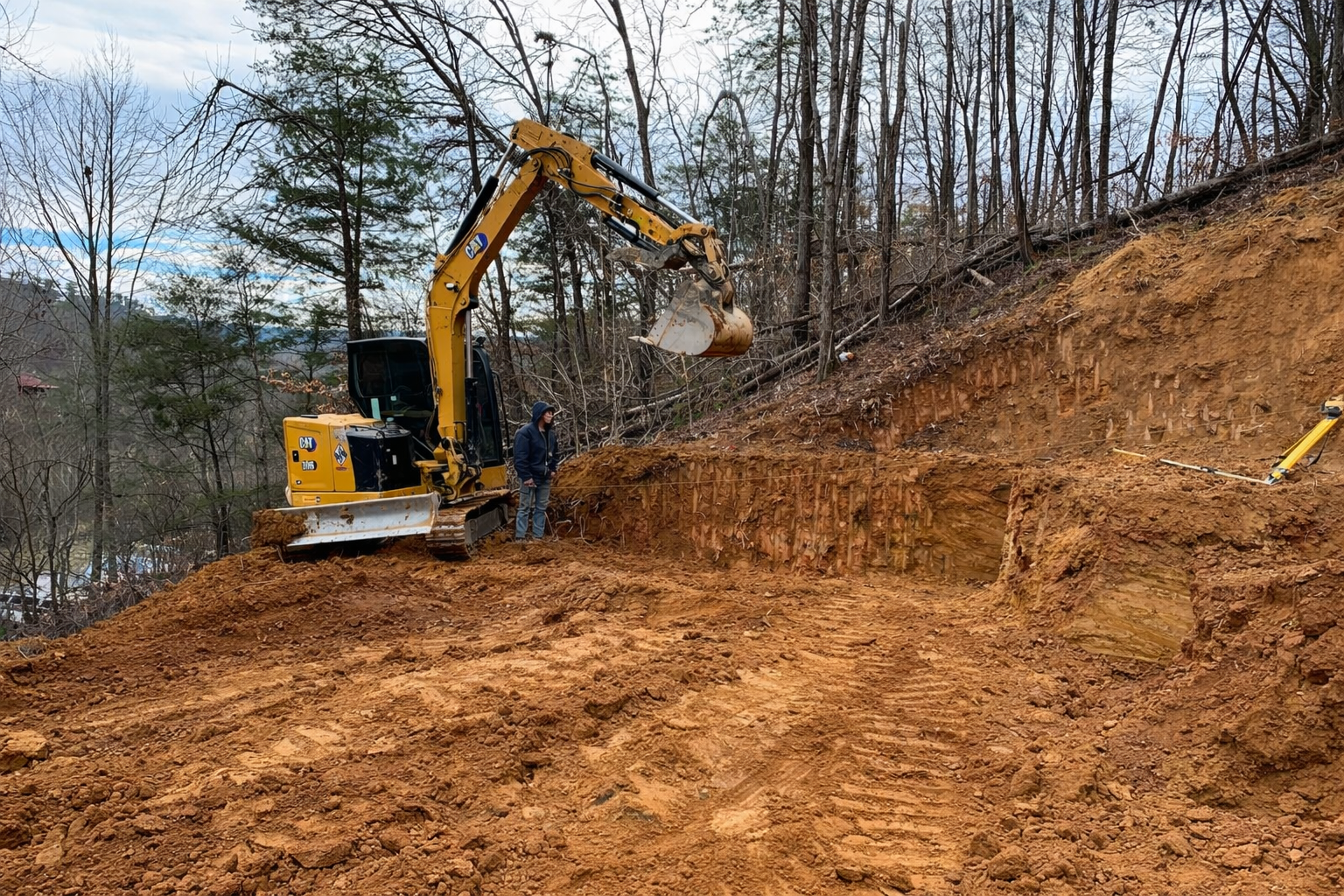Large excavator digging into hillside for site development in East Tennessee.