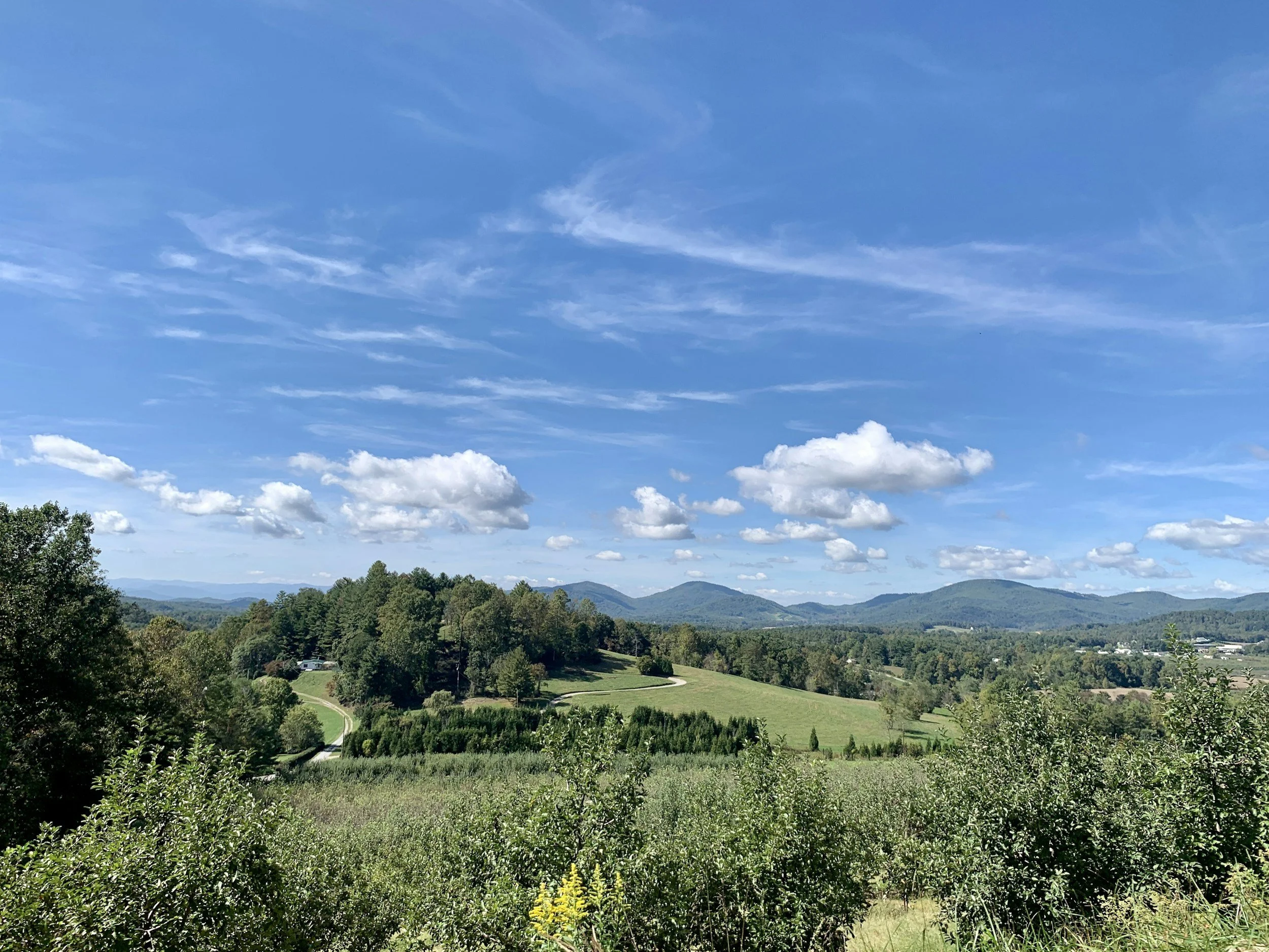 A scenic landscape with rolling green hills, dense forests, and mountain ranges under a bright blue sky with scattered white clouds.