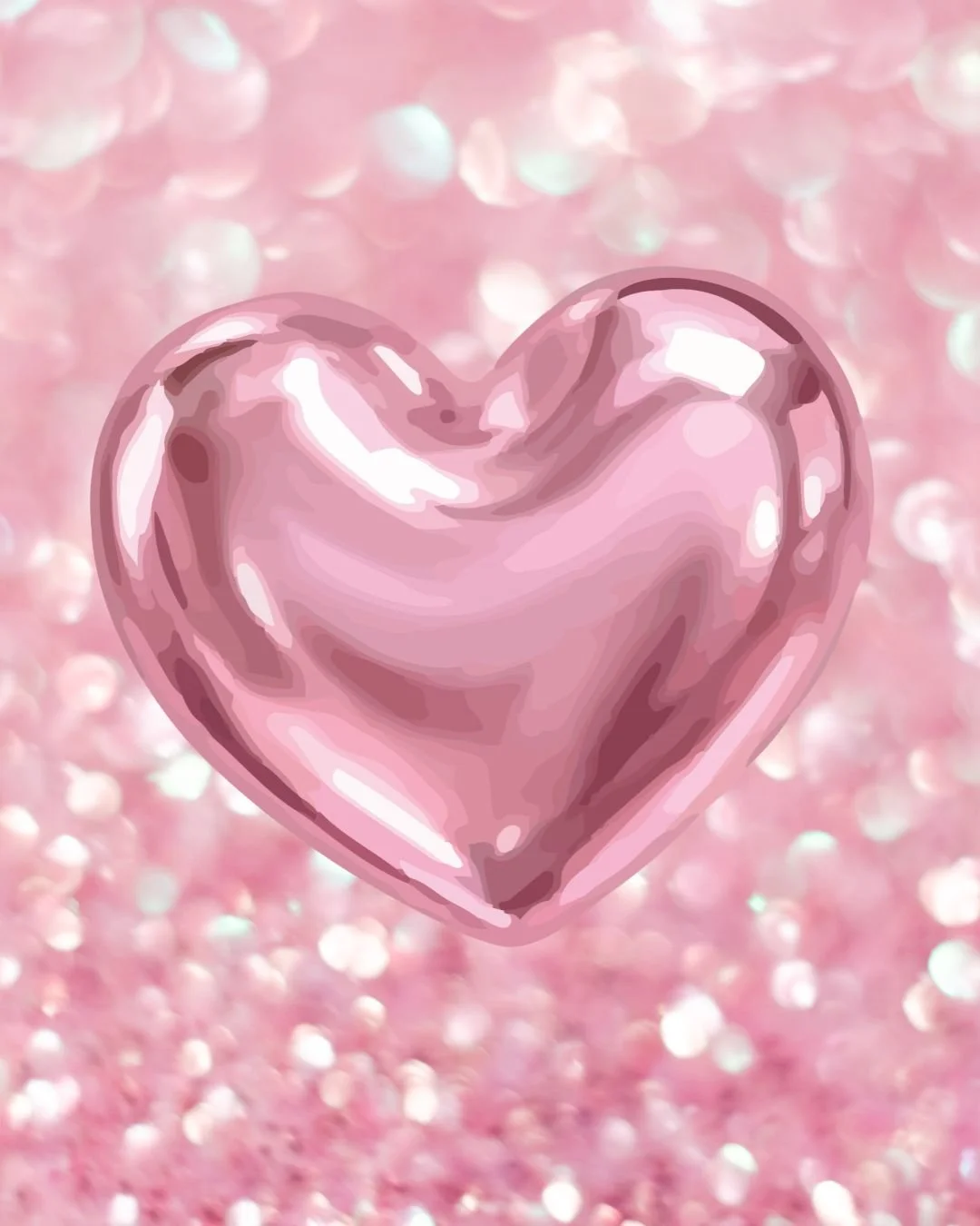 Pink heart-shaped balloon against a pink, glittery background.