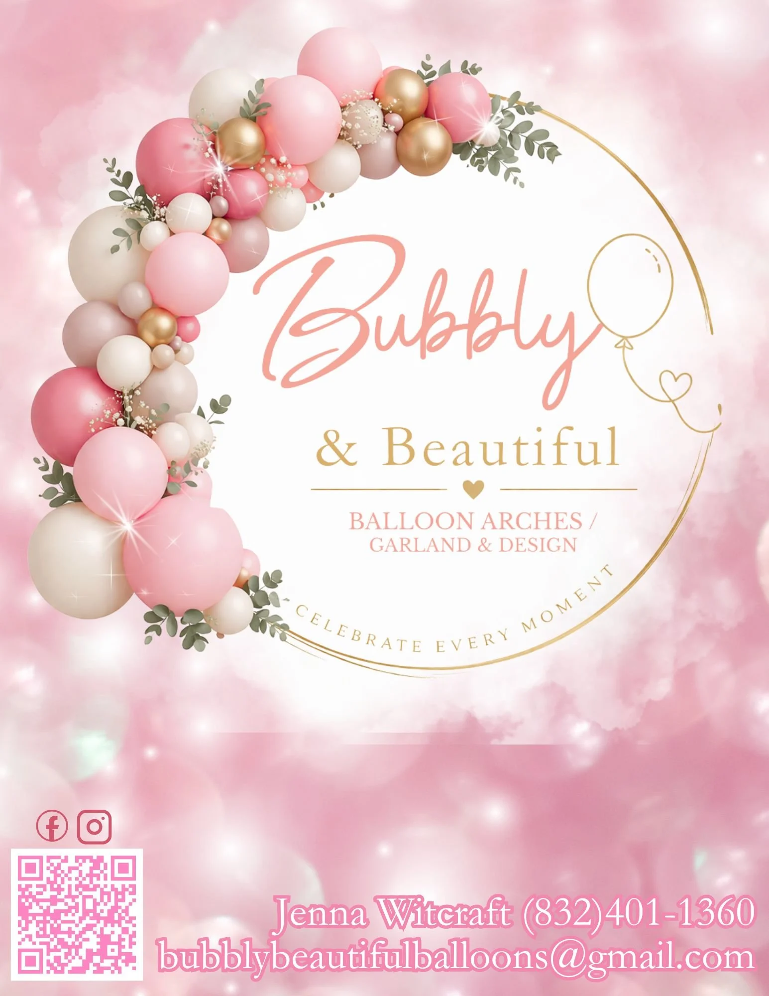 Pink and white balloon arch with green foliage, promoting balloon archer and garland design services, with social media icons, contact information, and QR code.