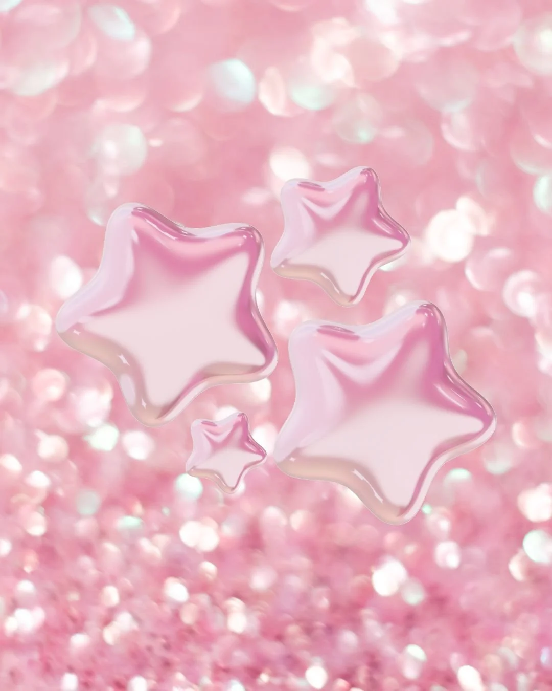 Pink background with bokeh lights and three transparent pink star-shaped objects.