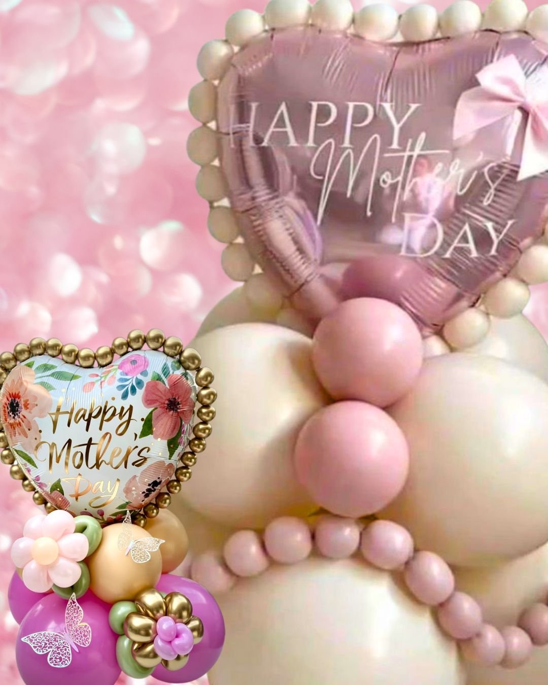 Pink and gold balloon arrangements and decorations celebrating Mother's Day with balloons reading "Happy Mother's Day" on a pink background.