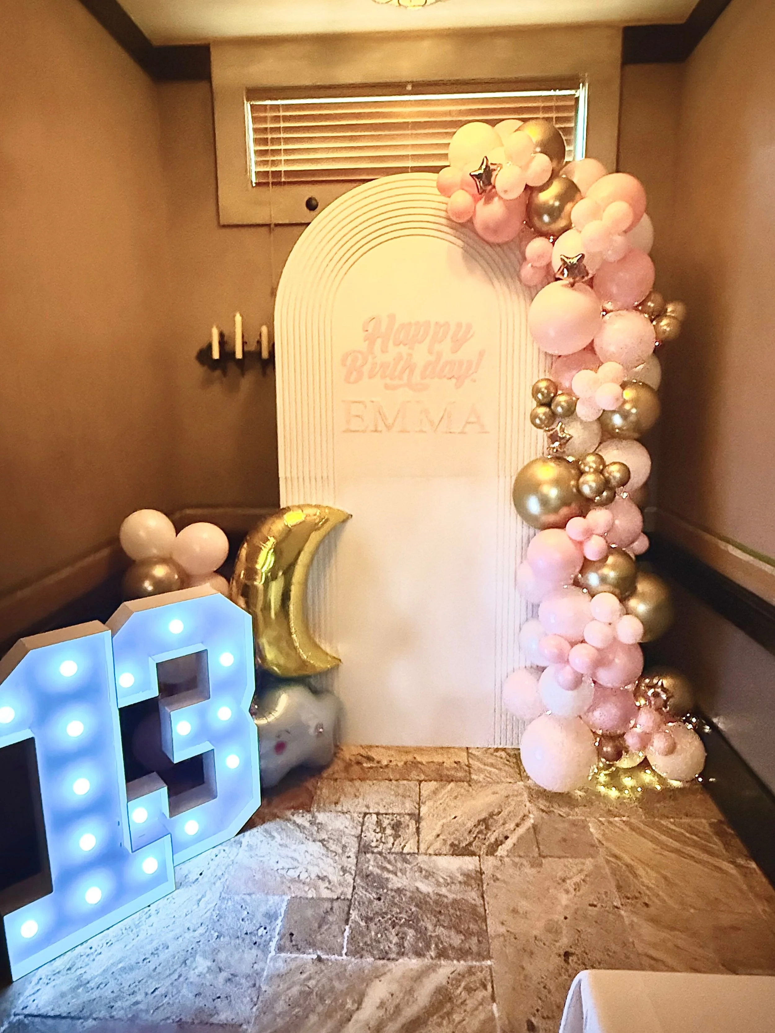 Pink, white & gold happy birthday balloon arch for 13th birthday. At Alicia's Mexican Grille in Cypress, TX 