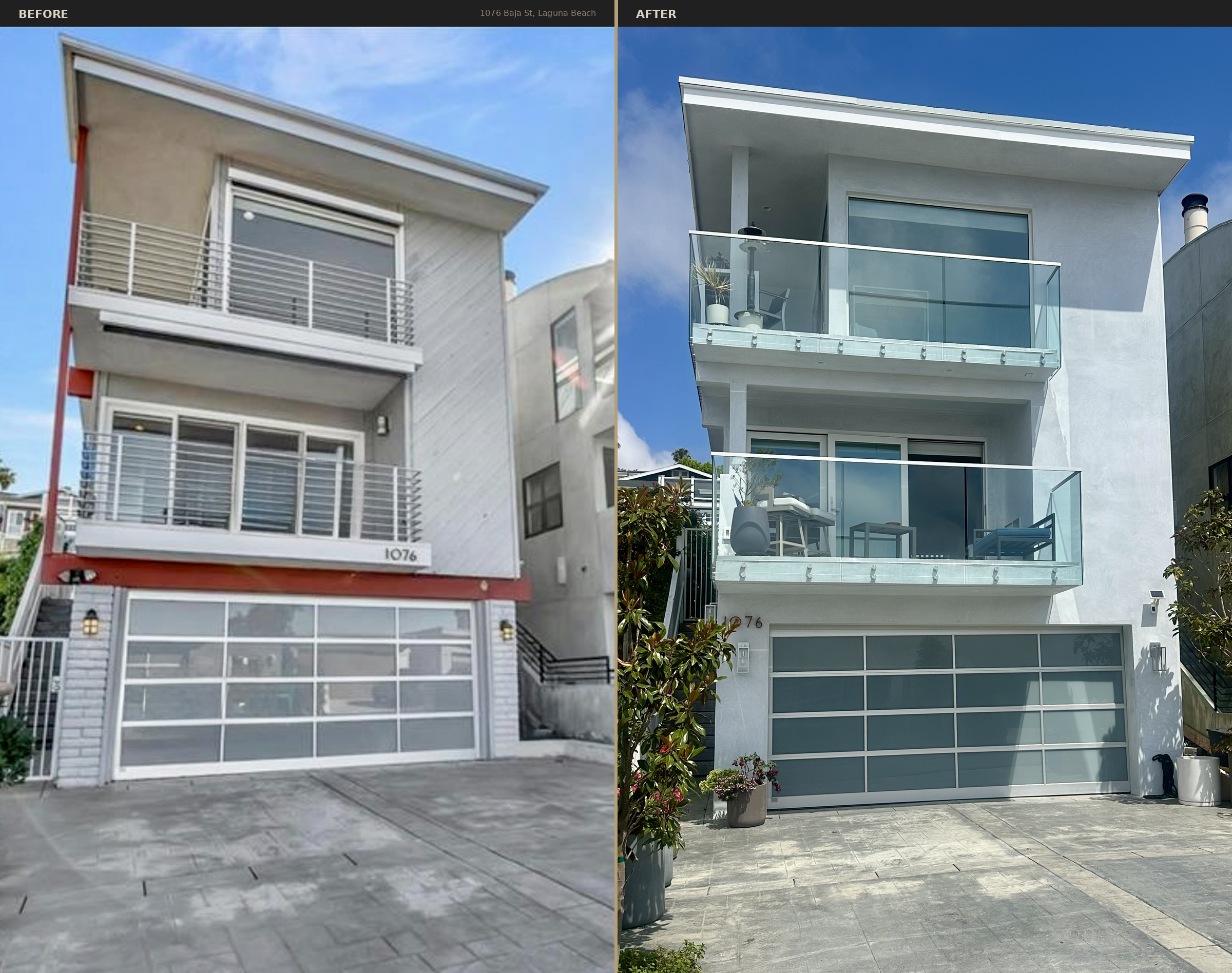 Comparison image of a modern white and gray building with balconies. The left side shows the building before renovation, appearing slightly blurred and older. The right side shows the building after renovation, appearing clean, freshly painted, with clear glass balcony railings and outdoor decor including plants and patio furniture.