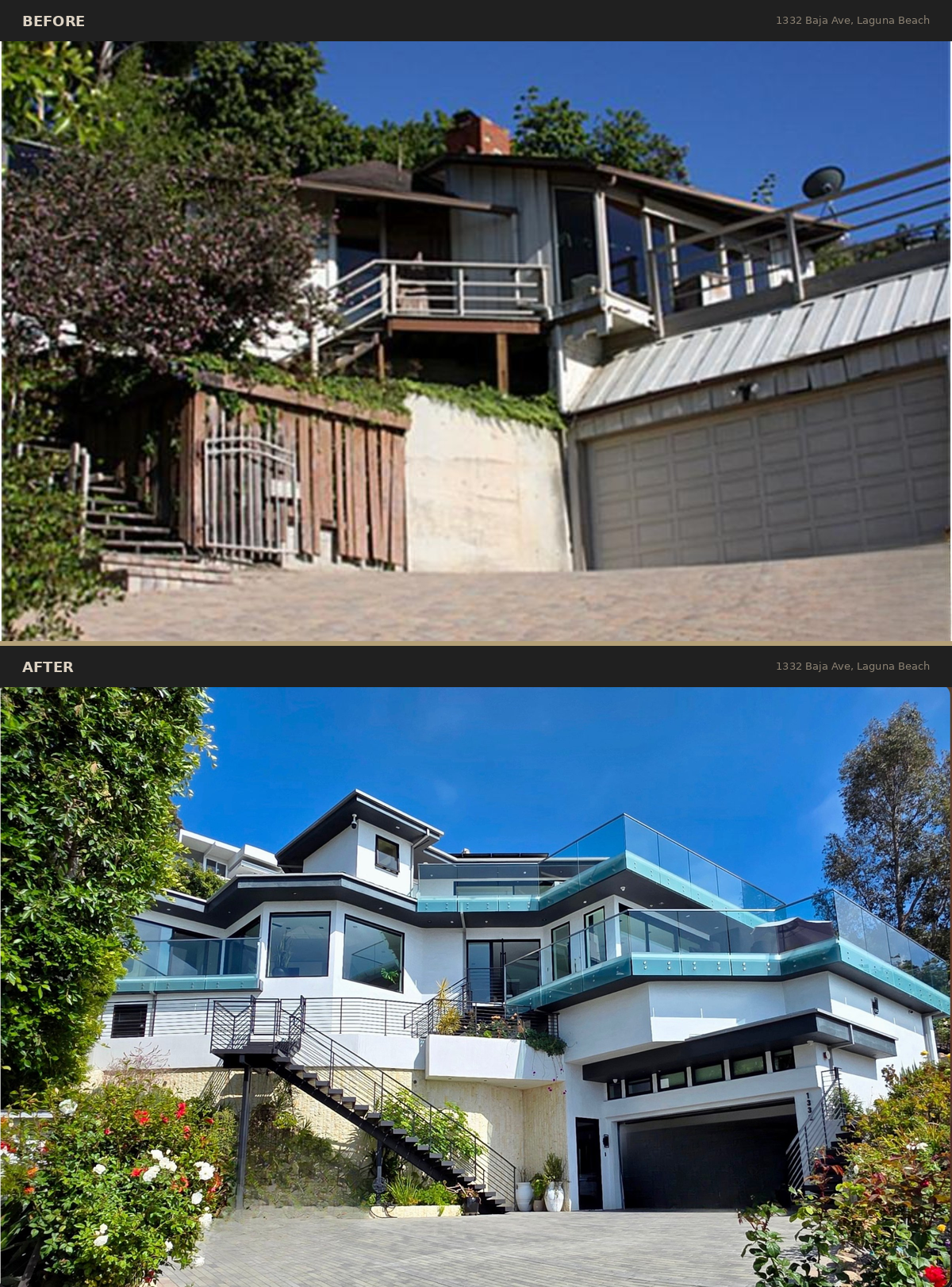 Comparison of a house before and after renovation. The before image shows an older, modest house with a wooden fence, trees, and a garage. The after image reveals a modern, multi-story house with glass balconies, a sleek design, and landscaped surroundings.