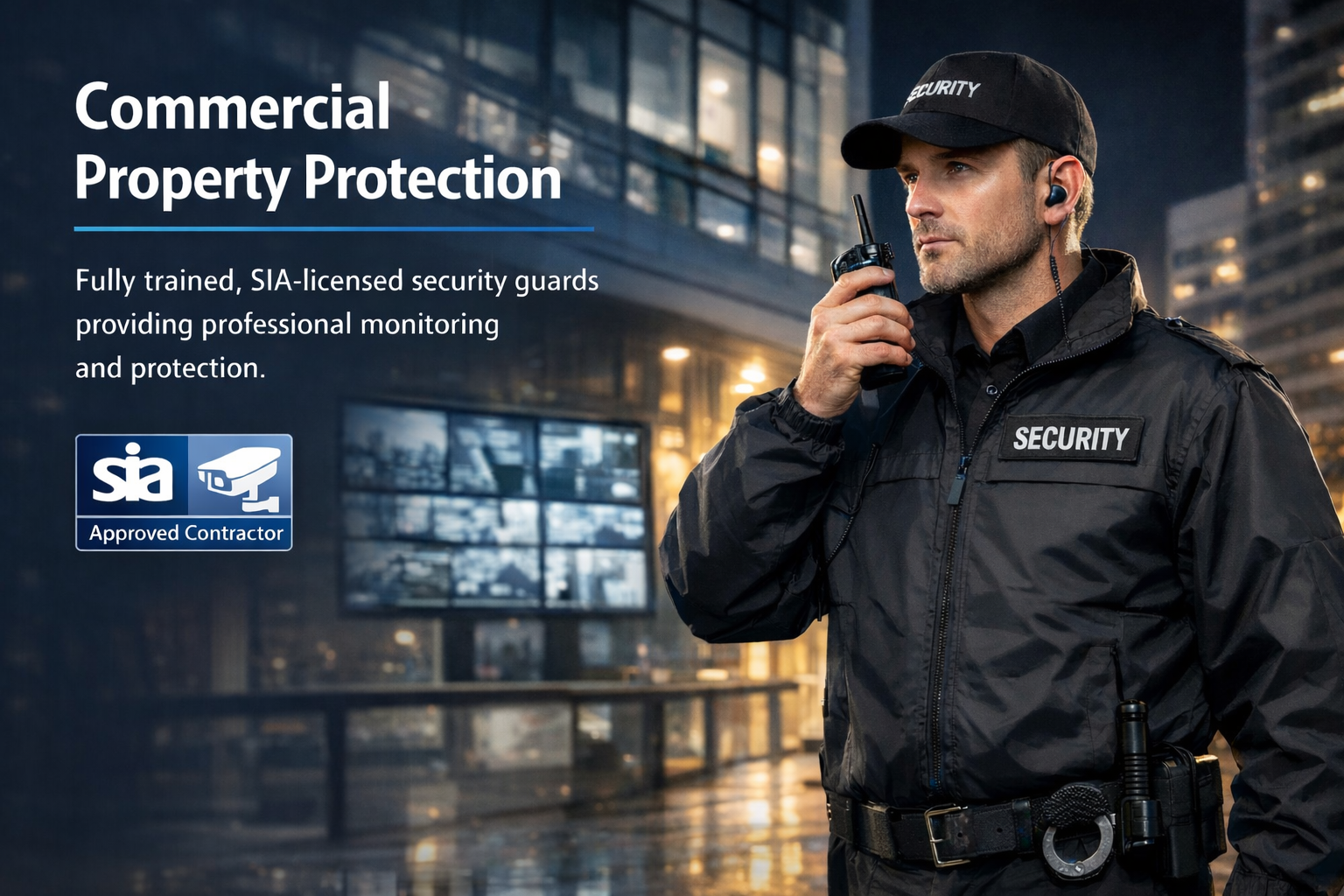 Security guard in black uniform with walkie-talkie, standing outdoors at night near tall buildings, advertising commercial property protection with SIA certification.