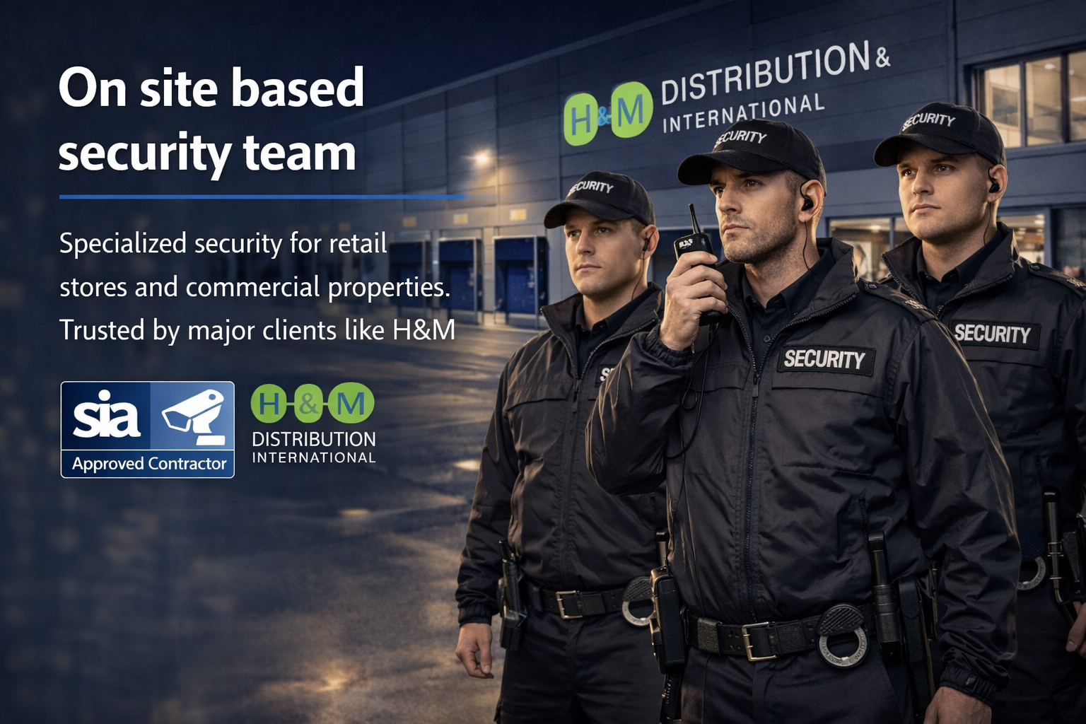 Three security guards in uniform standing outside a commercial building at night, with the text overlay: 'On site based security team. Specialized security for retail stores and commercial properties. Trusted by major clients like H&M.'