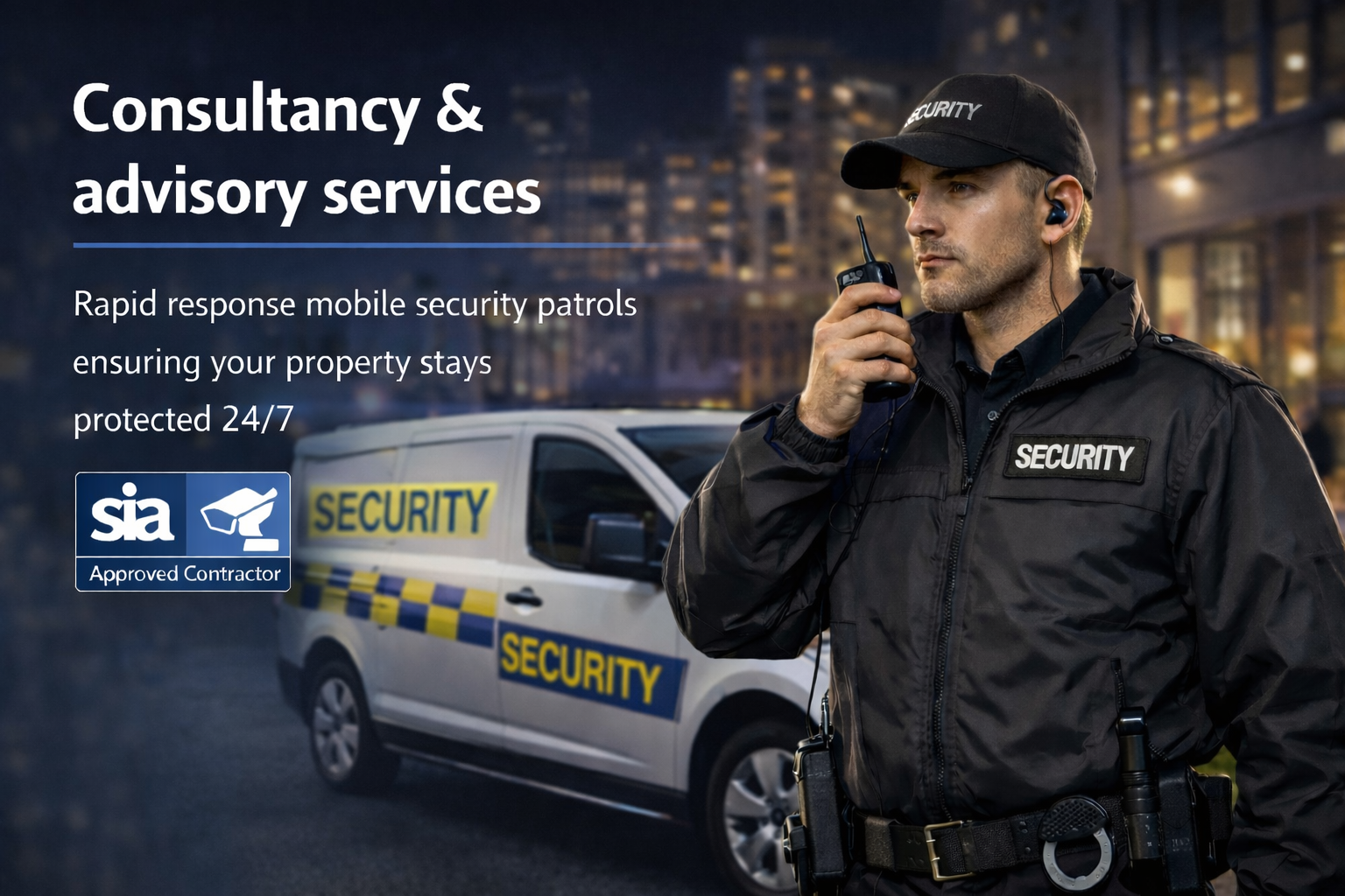 A security guard in uniform using a walkie-talkie in front of a security patrol vehicle with flashing lights. The background shows a cityscape at night.